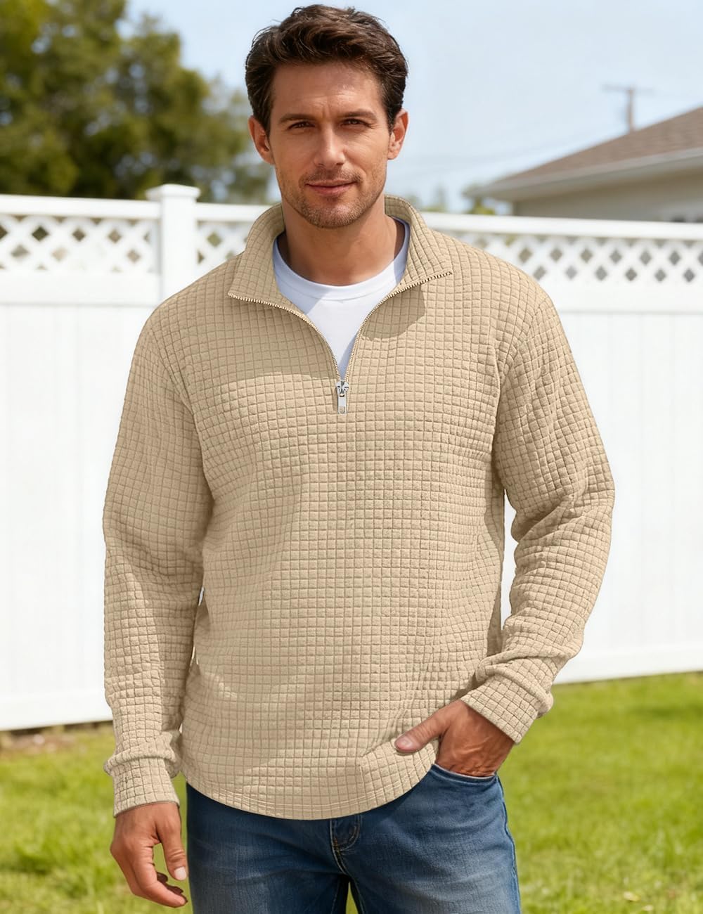 Mens Quarter Zip Pullover Quilted Sweatshirt Waffle Mock Neck Casual Long Sleeve Polo Sweater - Image 2