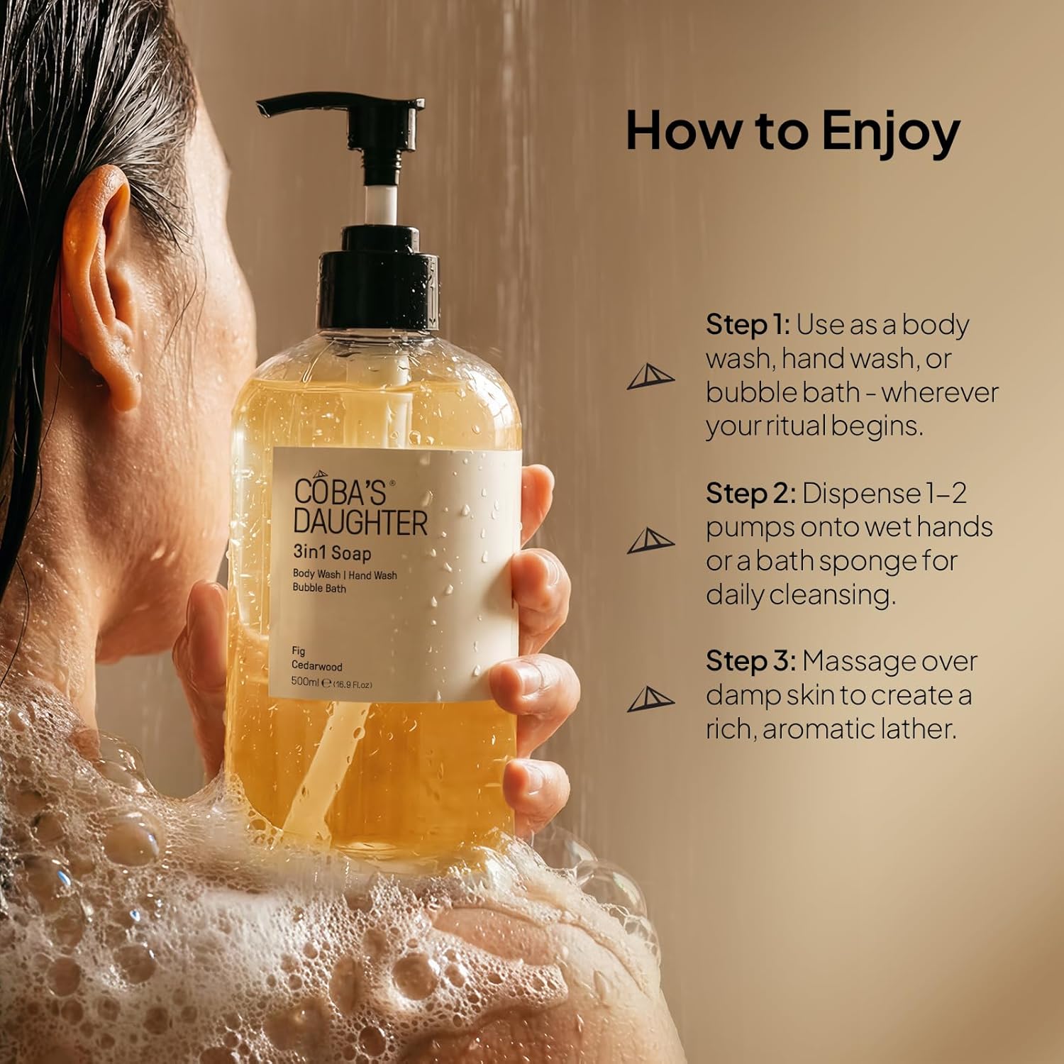 COBA'S DAUGHTER 3in1 Soap | Bubble Bath, Body Wash & Hand Wash | Aromatherapy-Infused with Fig & Cedarwood | Inulin & Seaweed Extract for Exfoliated, Balanced & Nourished Skin | 16.9 fl oz - Image 6