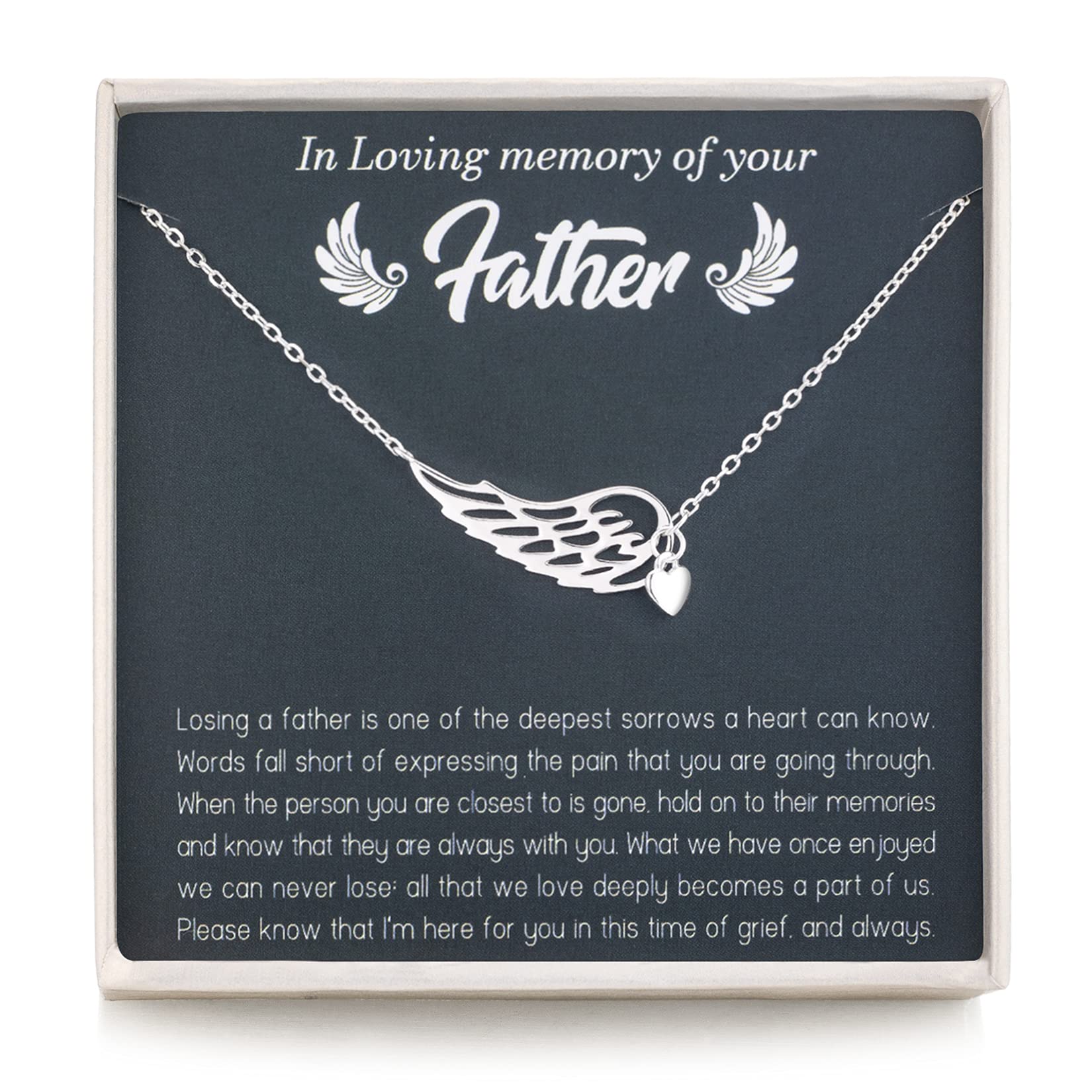 RareLove Sympathy Gifts for Loss of Father - Bereavement Condolence Gifts, 925 Sterling Silver Angel Wing Heart Pendant Necklace