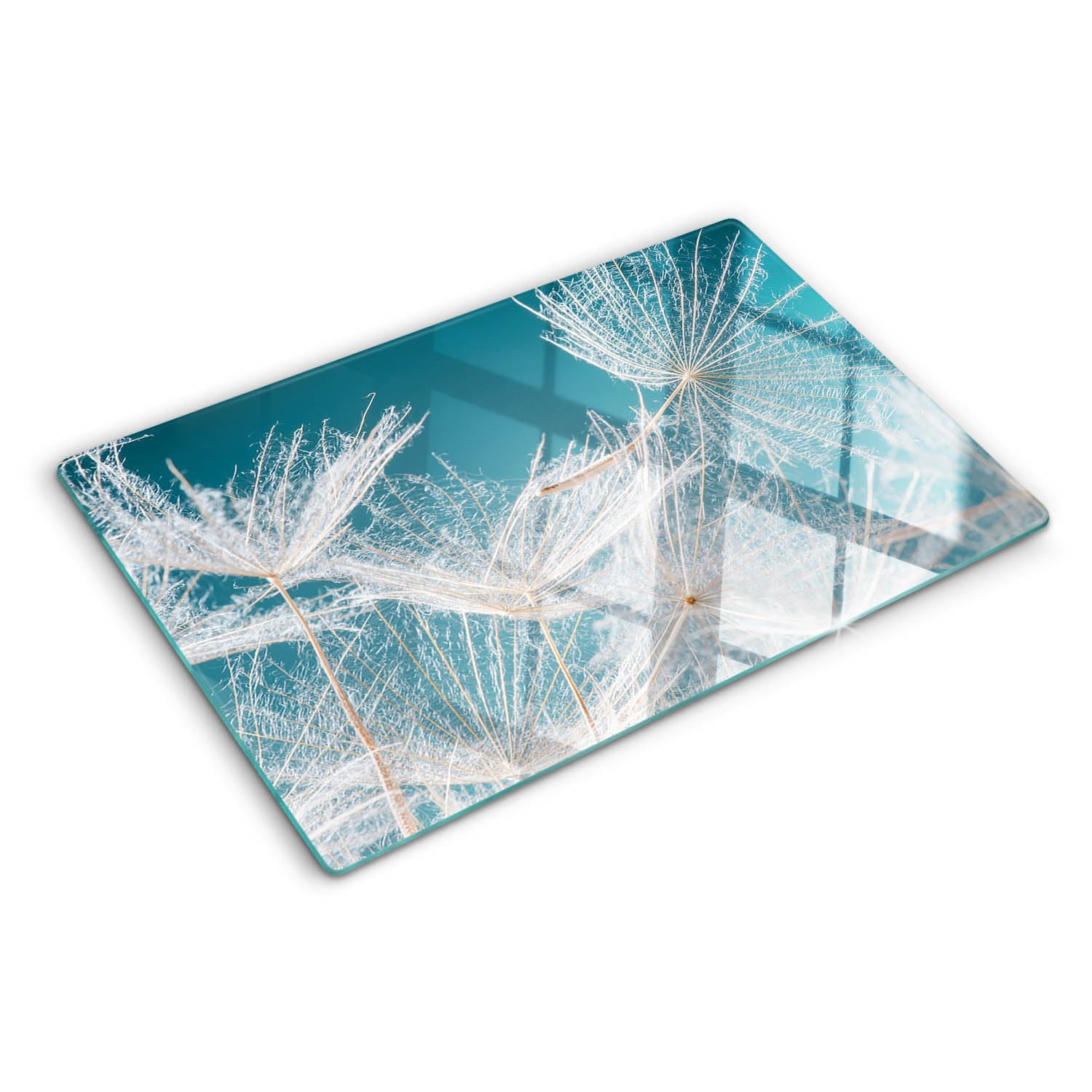 Planche de cuisine en verre 80x52 cm avec impression de graines de pissenlit