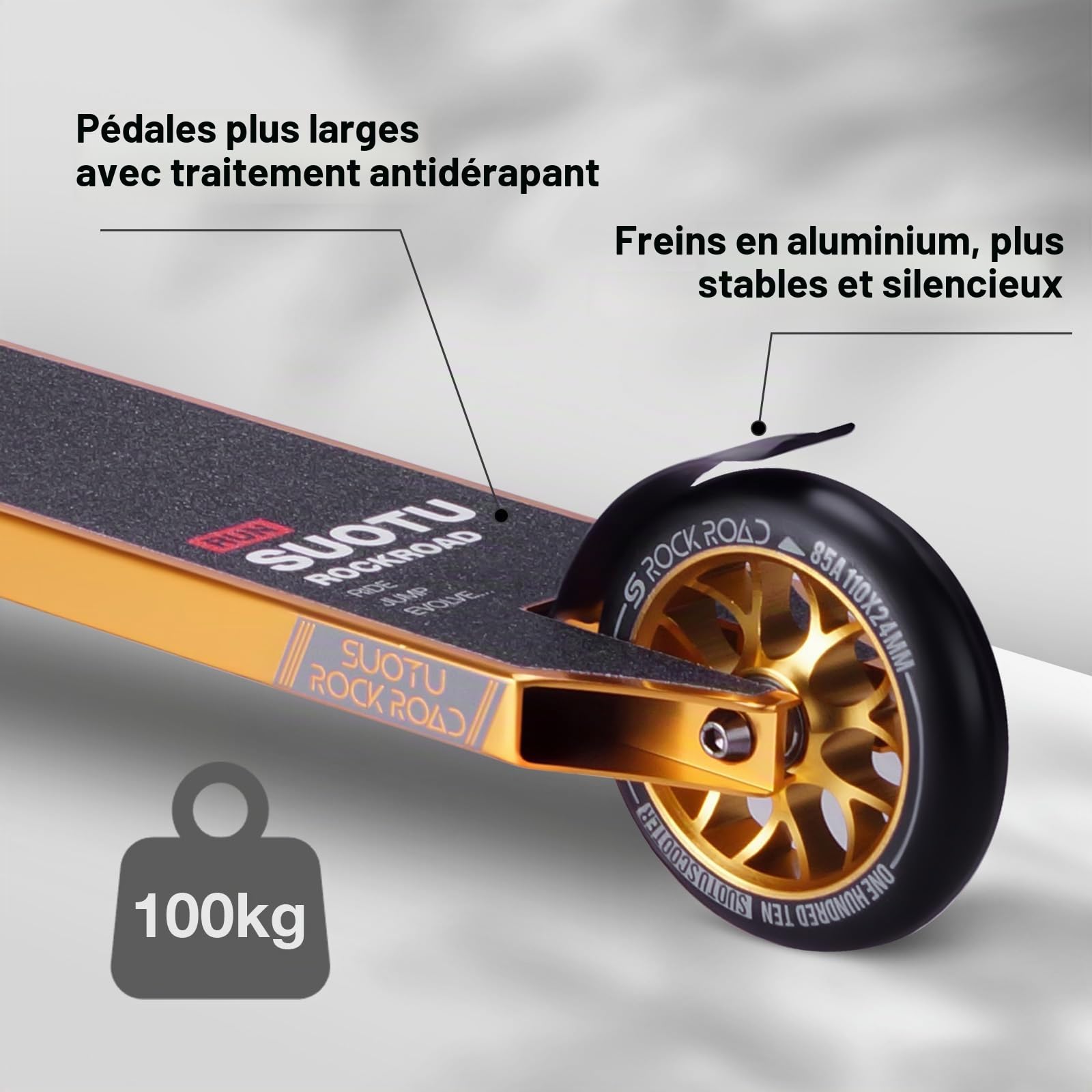 Trottinette Freestyle, Direction à 360°, Stunt Scooter avec Roues en PU 85A 110 mm, Trotinette pour Enfants Adolescent Adultes, Capacité de Charge: 100 kg, Aluminium (Noir – Or)