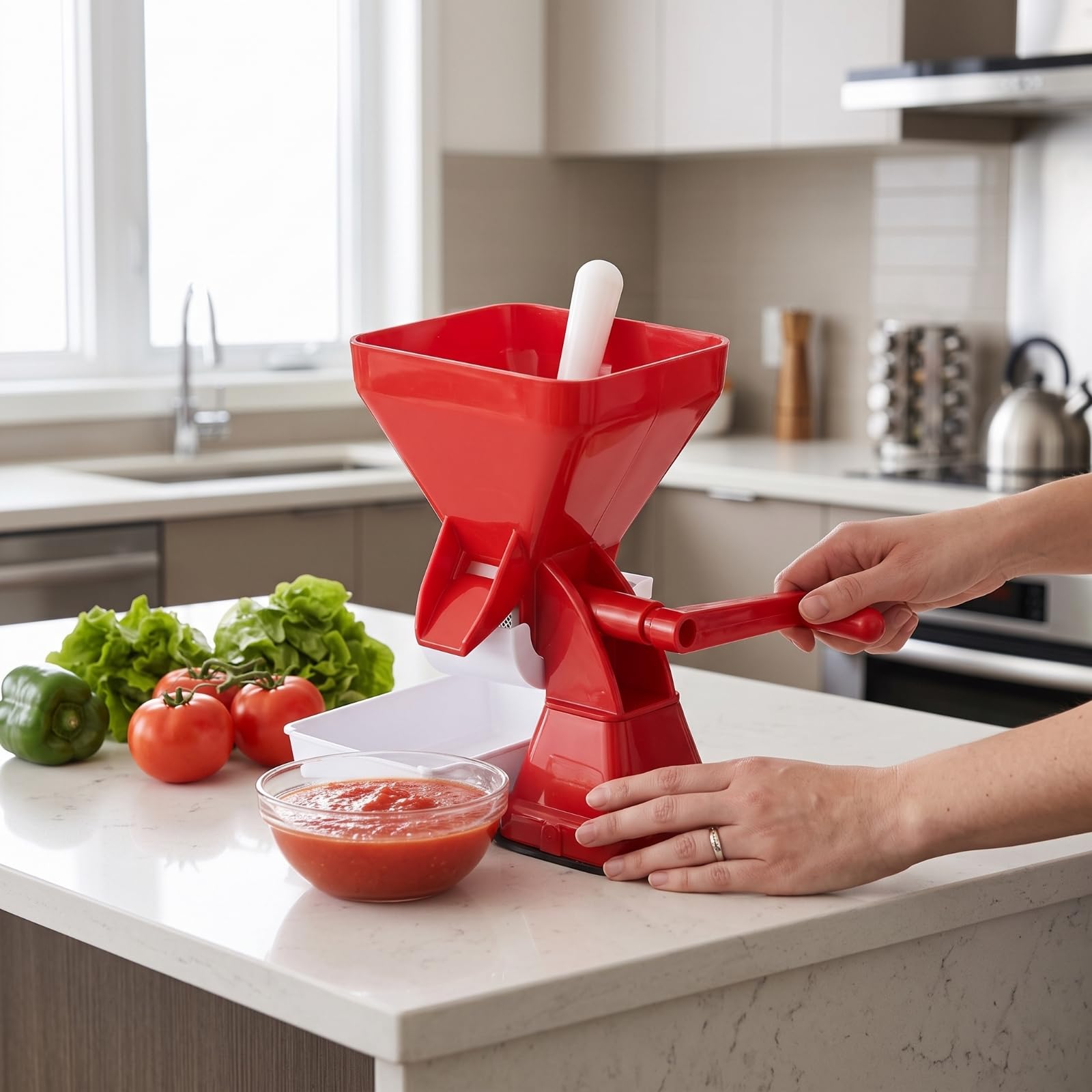 Exprimidor de Tomates Manual Licuadora Colador con Suave y Tolva Rectangular con Empujador Estructura Estable de PP PVC Apto para Cocina Casera Encimera Conservas