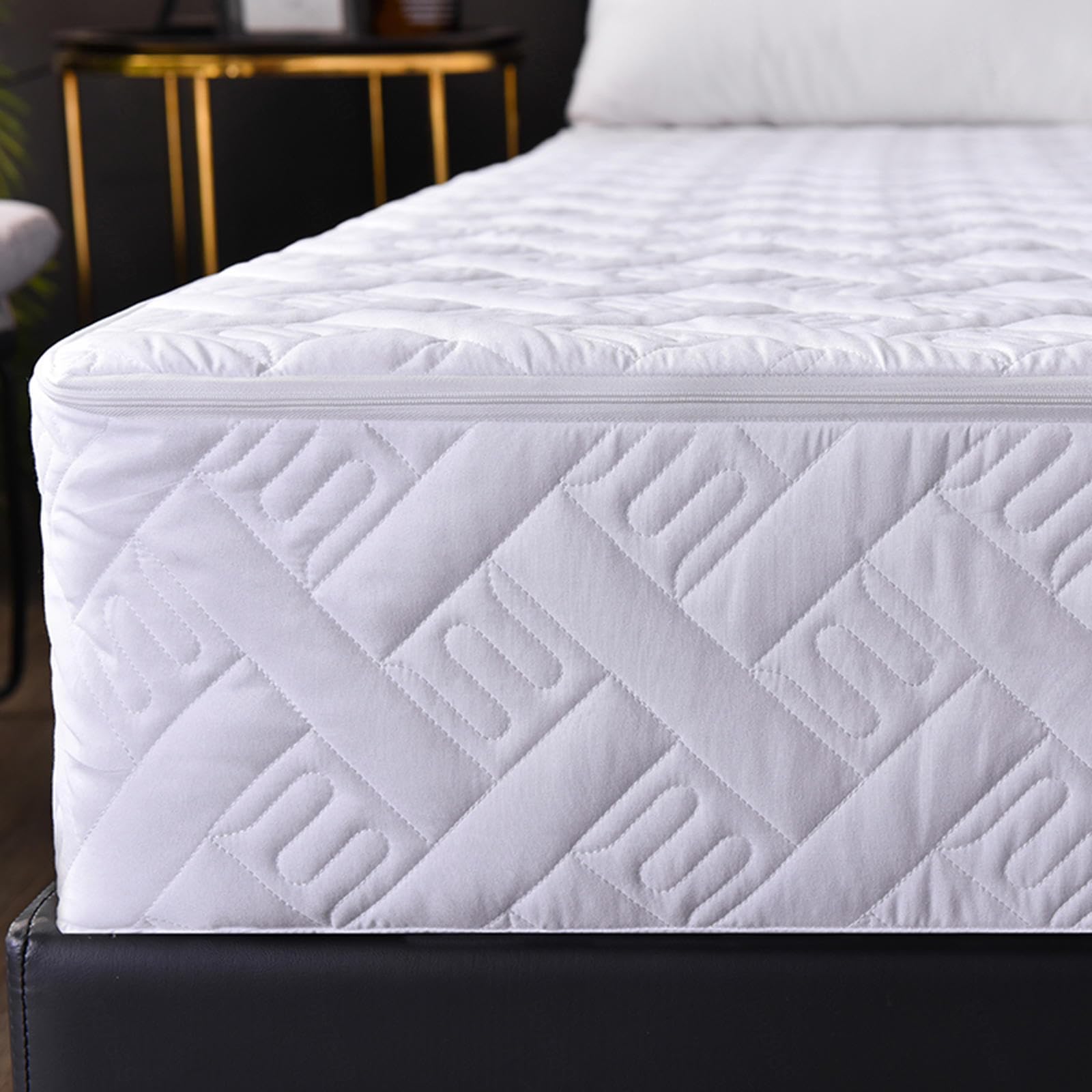 Coprimaterasso trapuntato impermeabile con cerniera, traspirante e spesso, con angoli elasticizzati, bianco, per letto singolo/matrimoniale/king size, 150 x 190 + 20 cm