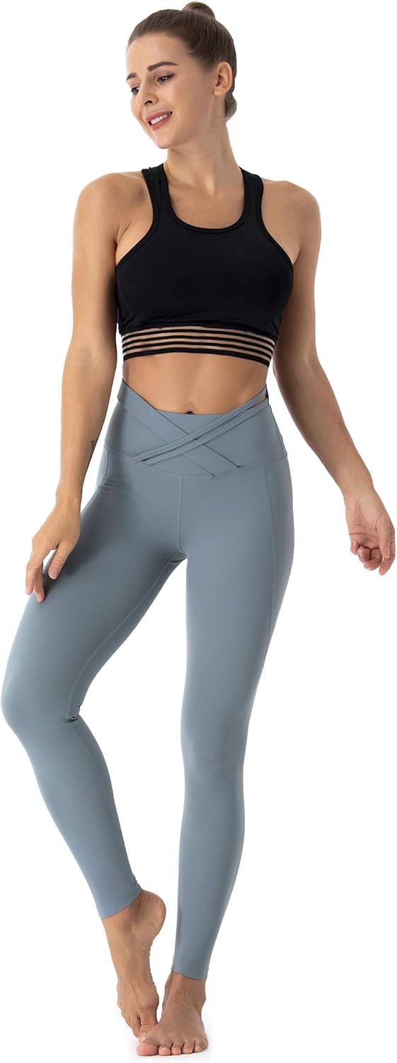 Women's Sport Yoga Leggings Cross Waist Band Gym Pants Tummy Control Outfits Workout Fitness Non See-Through Wear