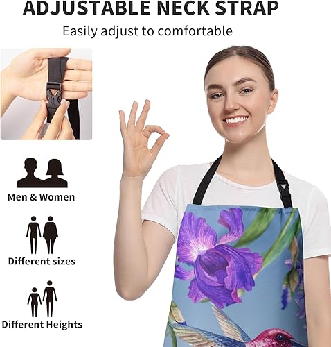Miniatura 7 de Delantal de colibríes de primavera con bolsillo, flores de iris moradas y rojas, delantal de cocina impermeable con cuello ajustable con lazos