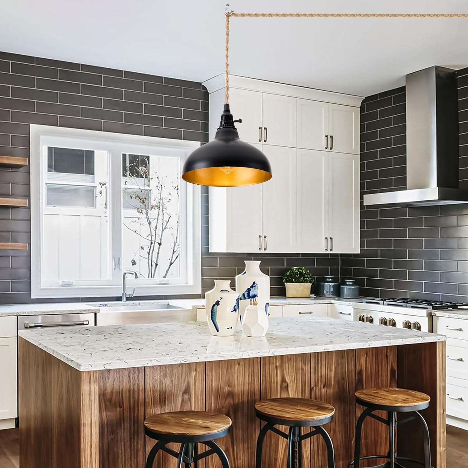 Plug in Pendant Light Farmhouse Hanging Lamp Fixtures with Dimmable Switch, Kitchen Island Hanging Light Adjustable Height Black Pendant Lighting Dining Room Bedroom