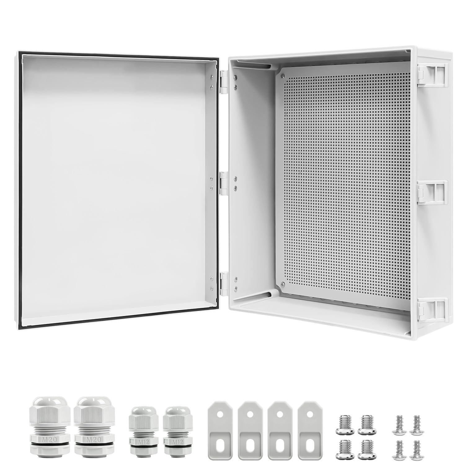 LeMotech Scatola di distribuzione impermeabile, IP65, alloggiamento in plastica ABS, con piastra di montaggio, supporto da parete, coperchio incernierato e connettore impermeabile, 500 × 400 × 200 mm