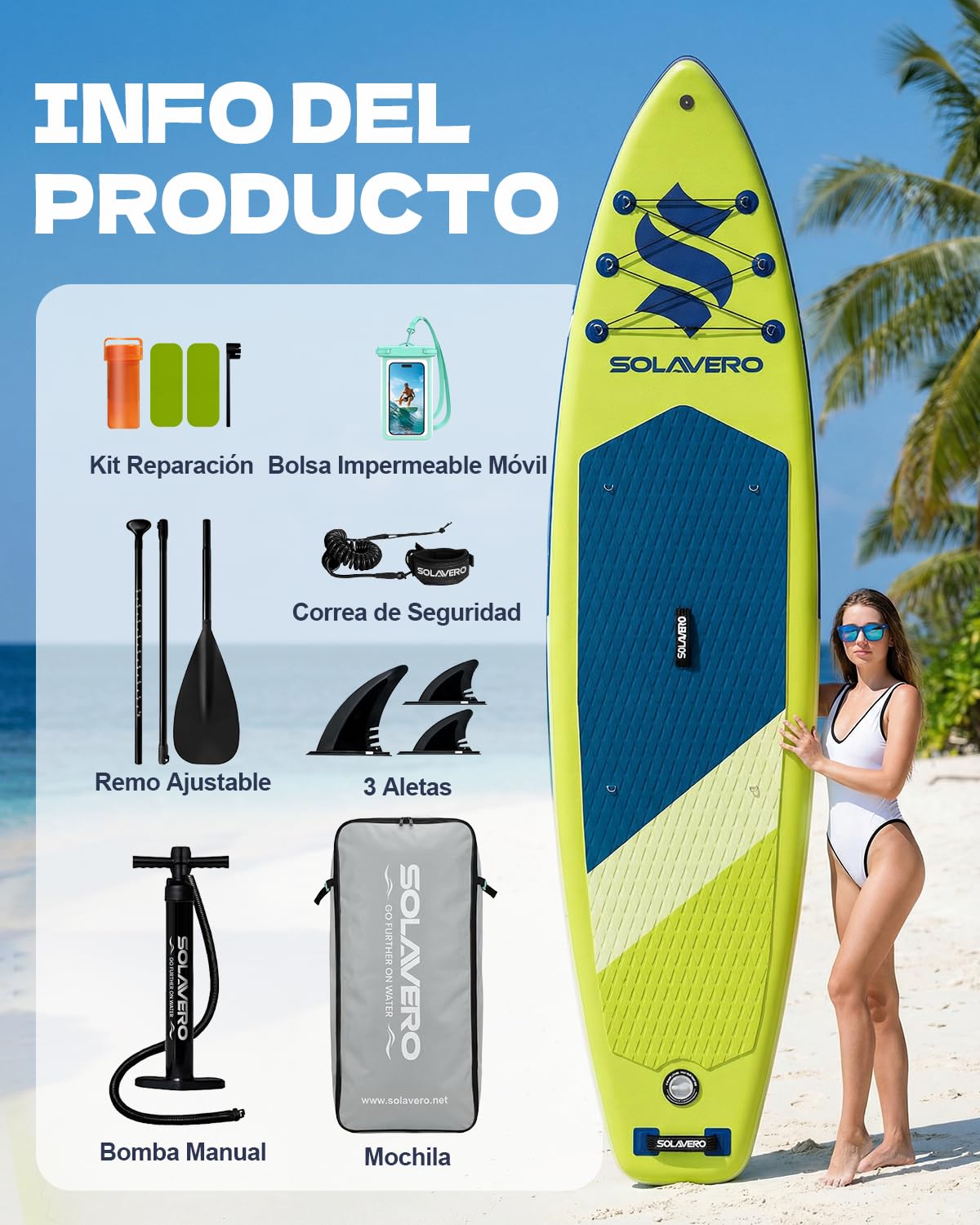 SOLAVERO Tabla Paddle Surf Hinchable, 323 x 83 x 15 cm Sup con Antideslizante EVA Deck, Paleta Ajustable, Soporte para Cámara, Quillas, para Todos los Niveles de Habilidad, hasta 200 kg — view 8