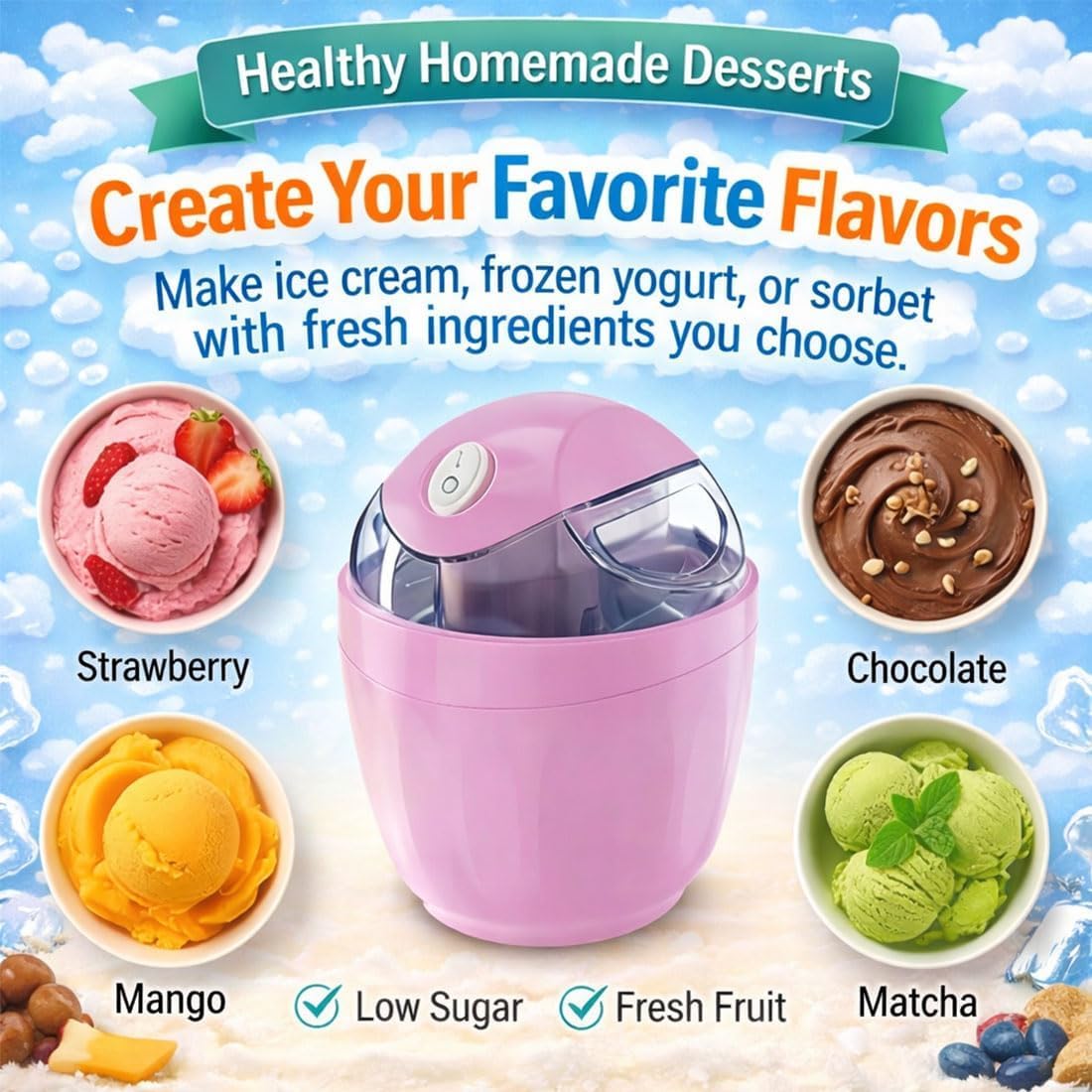 Mini Heladera Doméstica Pequeña, Máquina Eléctrica Personal De 500 Ml Para Helado Casero Rápido En 15 Minutos, Sorbete Y Yogur Helado, Máquina De Postres Compacta De Un Solo Toque Para Una Blue2