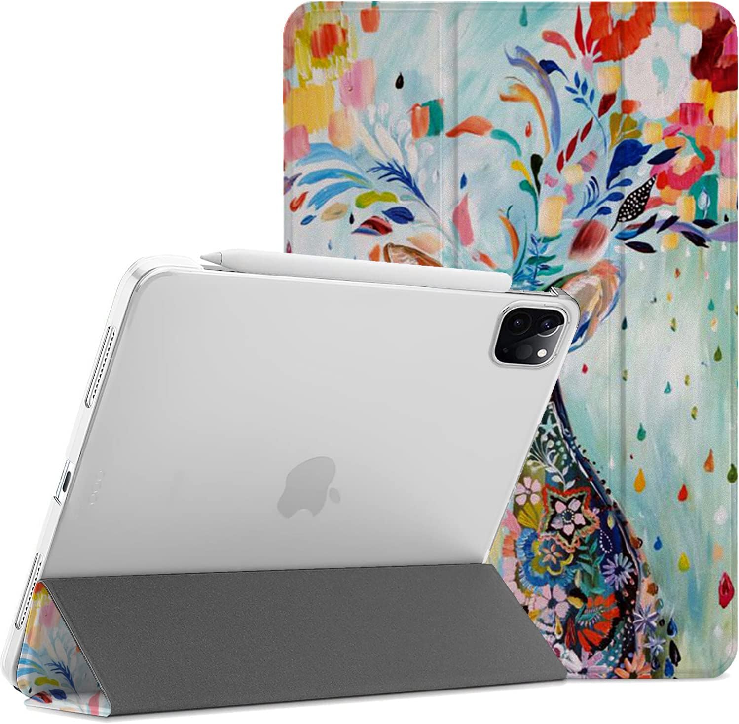 DuraSafe Cases iPad PRO 11 Inch 2nd [ PRO 11 2020 2 Gen ] A2228 A2068 A2230 A2231 MY232LL/A MXDC2LL/A MXDE2LL/A Trifold Printed Hard Smart PC Transparent Back Cover - Deer Print