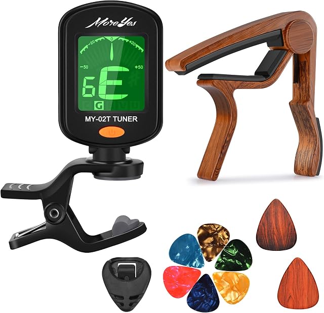 MOREYES Guitar Capo for Acoustic Guitar,Ukelele, Electric Guitar,Bass with Wood Color Guitar Picks (tuner capo)