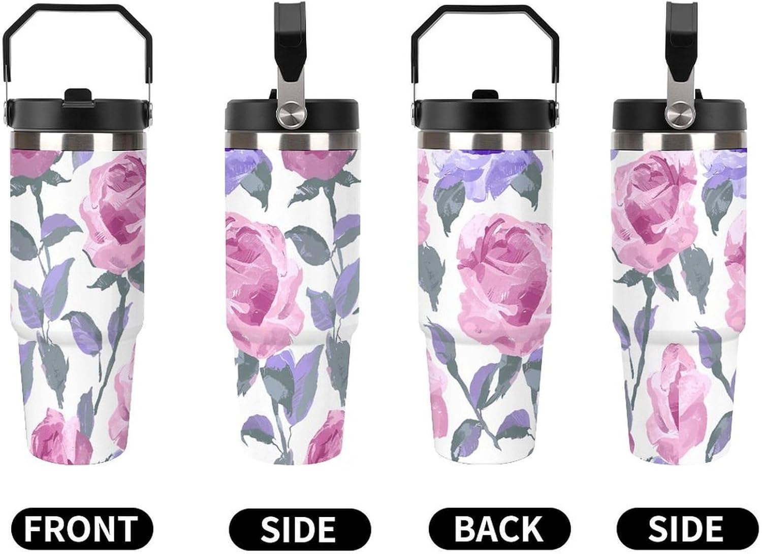 30oz Insulated Tumblers with Top Handle, Stainless Steel Vintage Style Painting Car Cup with Straw for Gift, Leak-Proof Double Wall Vacuum Travel Mug, Personalized Water Bottles Black