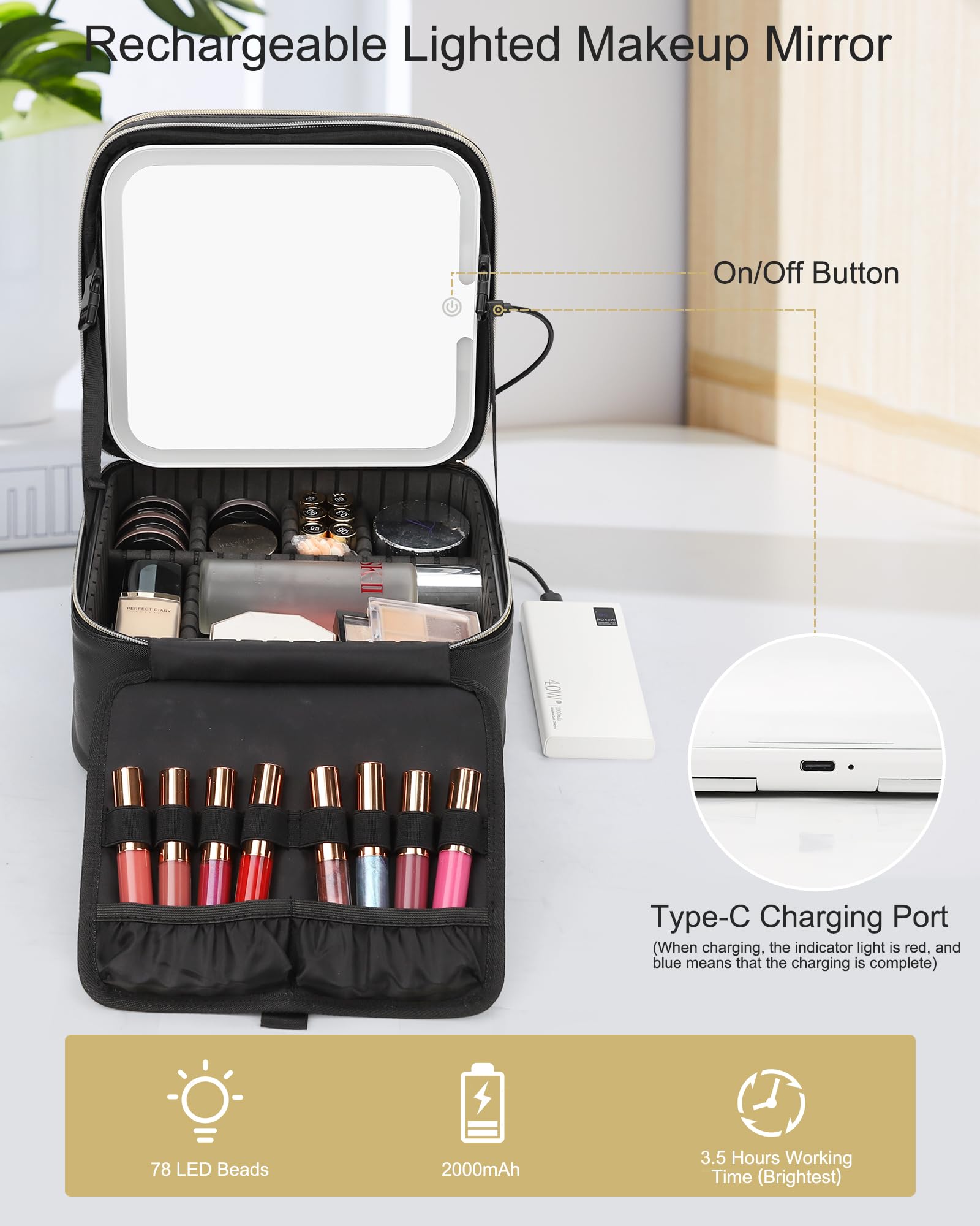 Chomeiu Makeup Bag with LED Mirror, Adjustable Dividers and Brush Holder