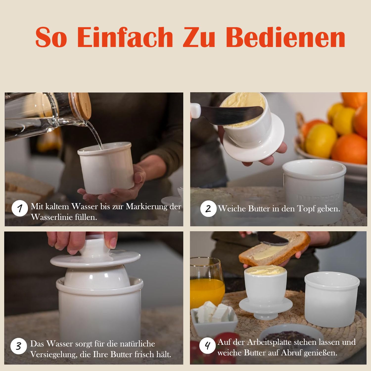 Butterdose Aus Porzellan – Mit Wasserlinie & Holzdeckel – Hält Butter Streichzart, Für Die Arbeitsplatte, Mattschwarz