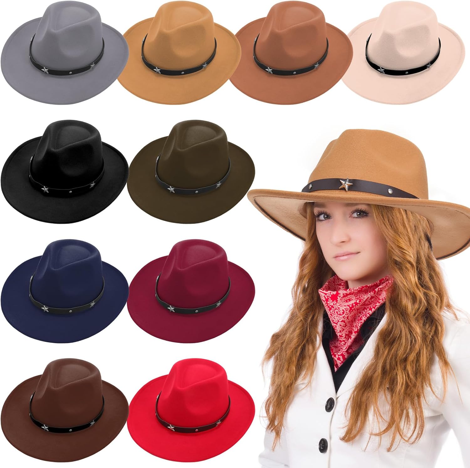 Hercicy 10 Pack Classic Western Hat Men Felt Wide Brim Hats Women Belt Buckle Panama Hat for Adults