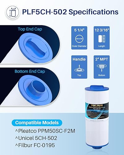 Miniatura 2 de POOLPURE 5CH-502 Filtro de spa de rosca fina que reemplaza a PPM50SC-F2M, Marquis Spa 20041, 20091, 370-0237, Marquis 50, filtro de bañera de