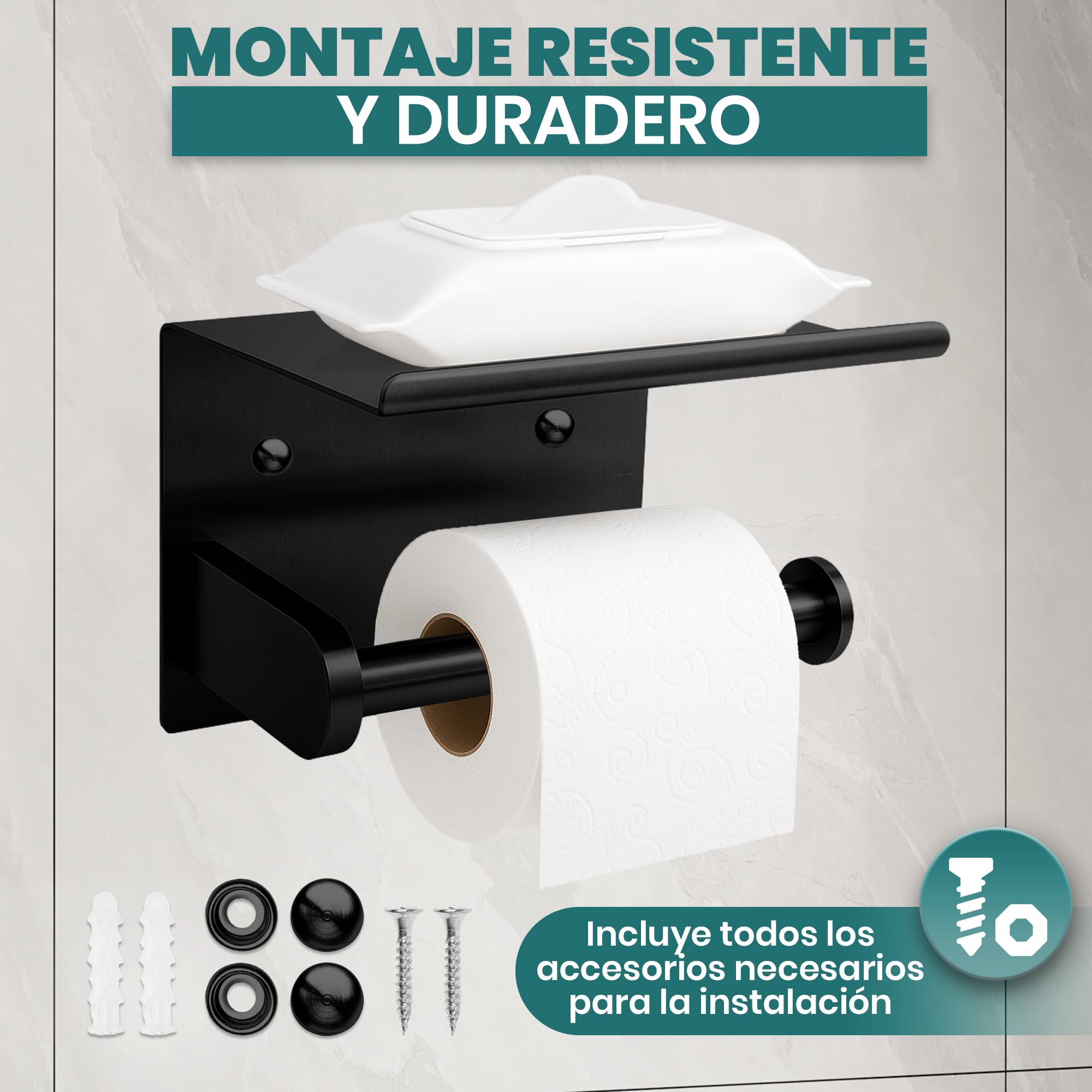 ️Accesorios Baño Sin Taladro Set 9 Piezas Negro, Toallero y Portarrollos con Adhesivo o Tornillos, Ganchos de Pared