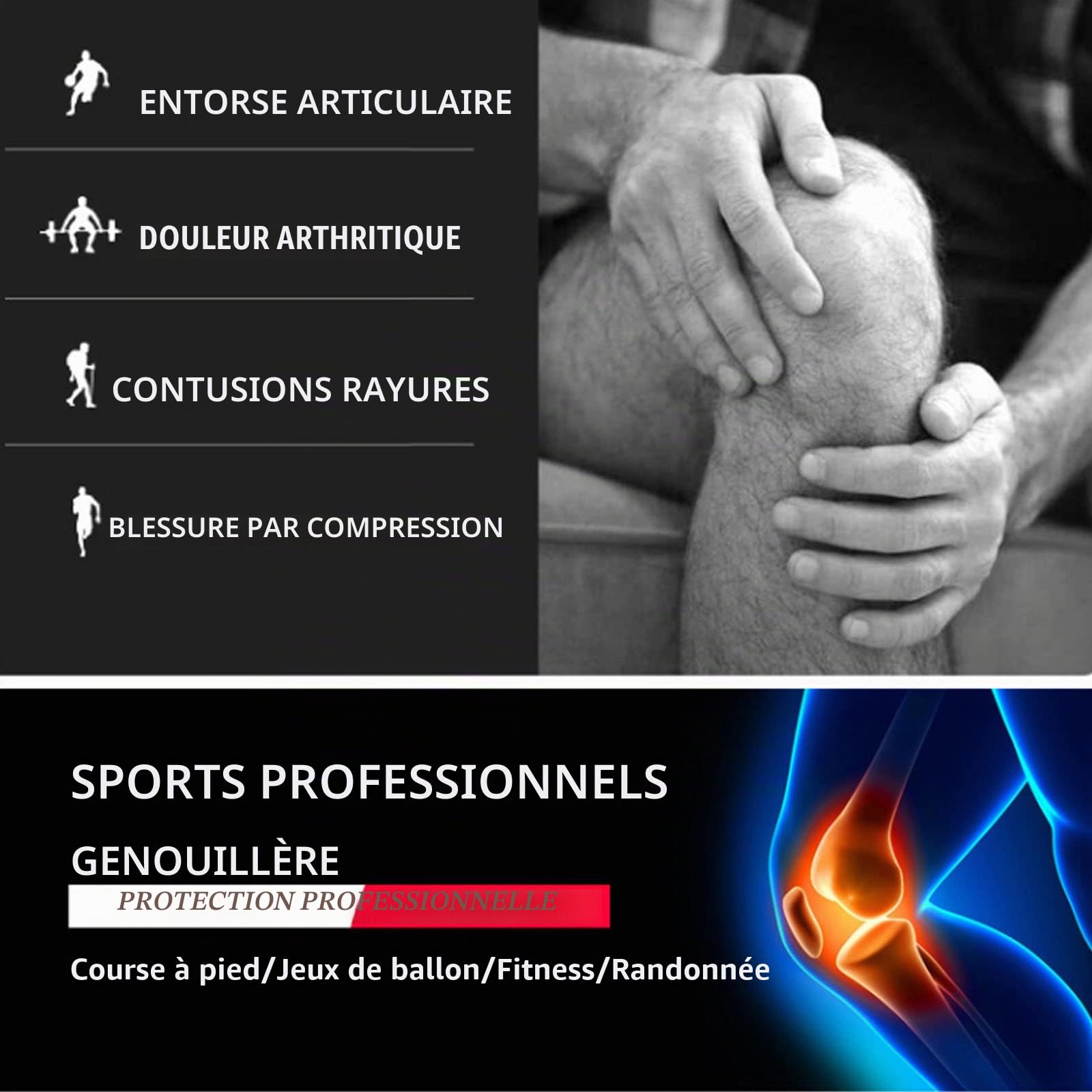 DKDDSSS 2 pièces Genouillère Sport, Genouillère Rotulienne et Ligamentaire, Genouillère De Compression pour Déchirure du Ménisque, Genouillère Arthrose Genou, Unisexe, L