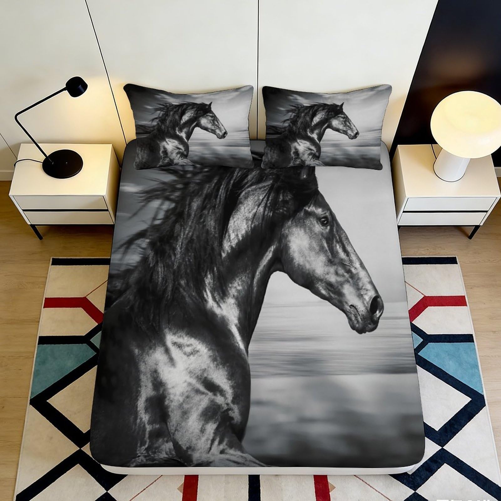 Pnayamiorkfel Style-10 3D Printed Wild Horse Fitted Sheet Microfiber Anti-Slip Bed Cover Black White Decor For Bedroom Guest Room 90X200x25cm