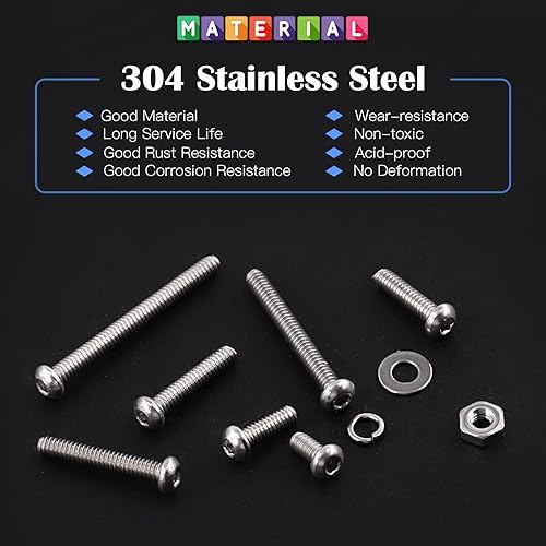 Miniatura 3 de Glarks 1021 tornillos de cabeza de botón M2 304 de acero inoxidable hexagonal, tornillos y tuercas arandelas kit surtido con llave hexagonal para