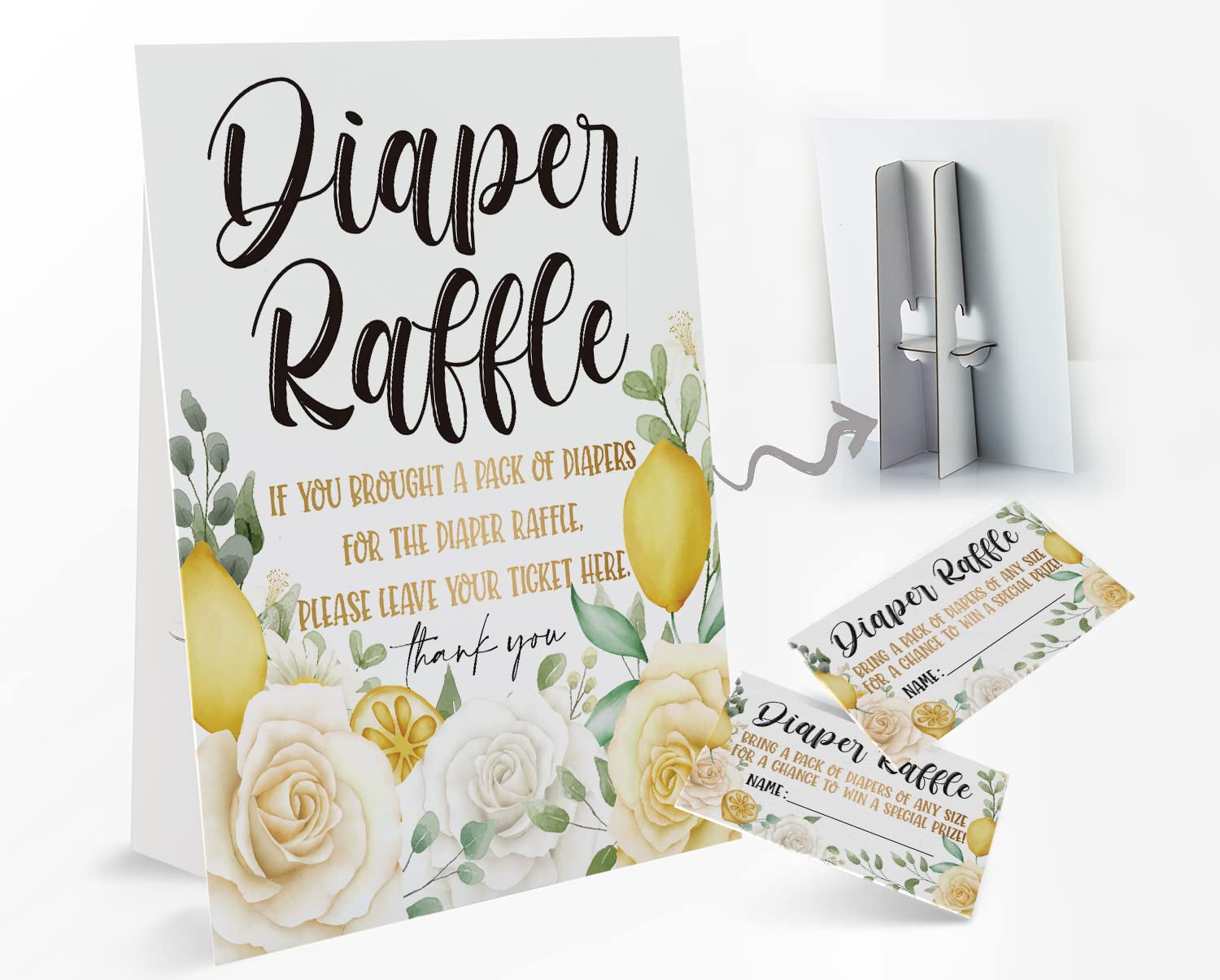 Photo 1 of 2 Diaper Raffle Cards with Sign(Sign 8x10 Inch), Lemon Theme Baby Shower Games, Baby Showers Decorations -1 Standing Sign + 50 Guessing Cards(raffle30)