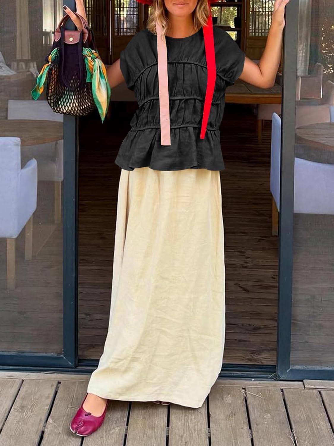 Cicy Bell Womens Cap Sleeve Peplum Tank Tops Summer Babydoll Smocked Cotton Shirts Casual Crew Neck Pleated Blouse - Image 6