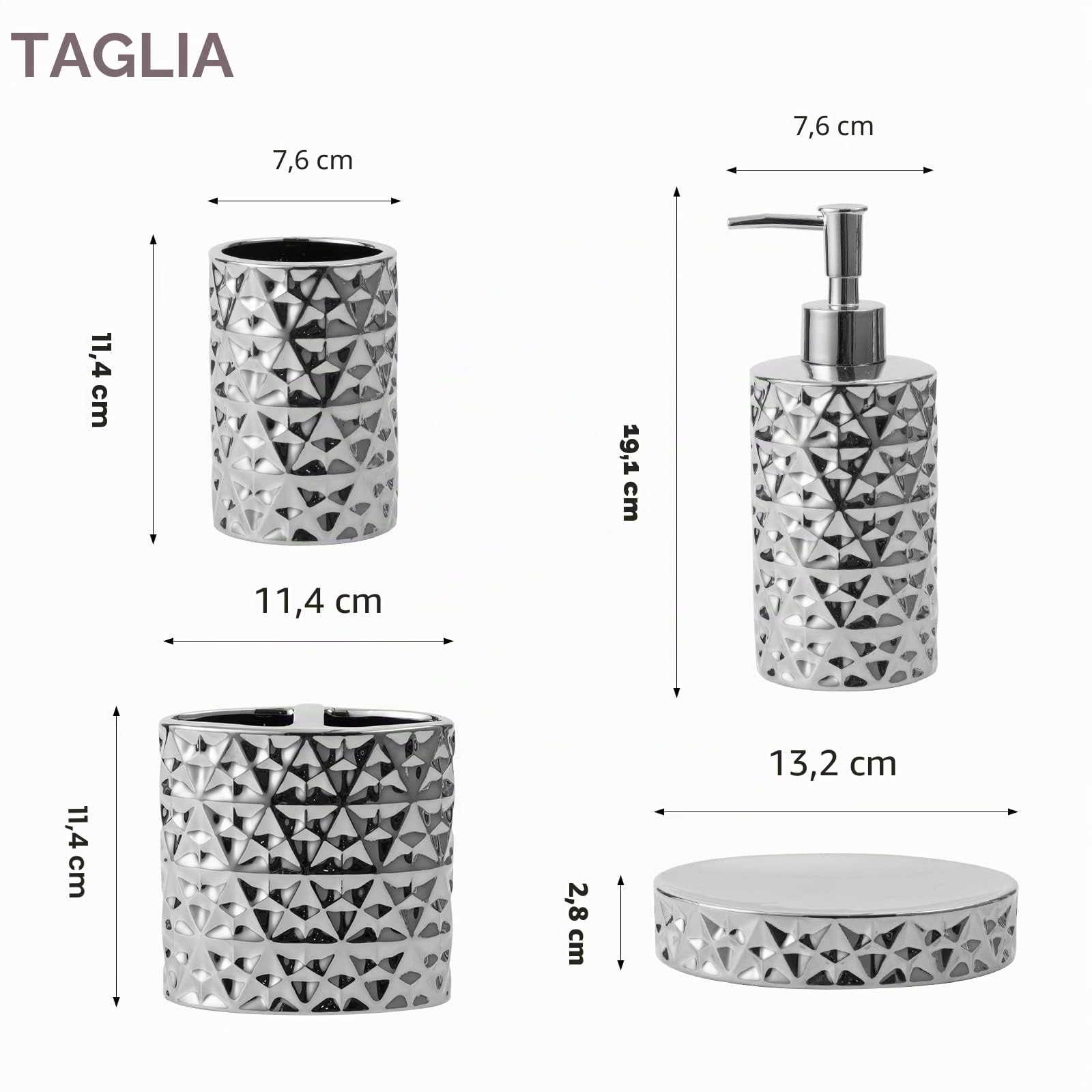Set di accessori da bagno in argento, set completo di 4 accessori in ceramica, dispenser di sapone diamantato e portaspazzolino argentato, set per lavabo da bagno, decorazione moderna per il bagno
