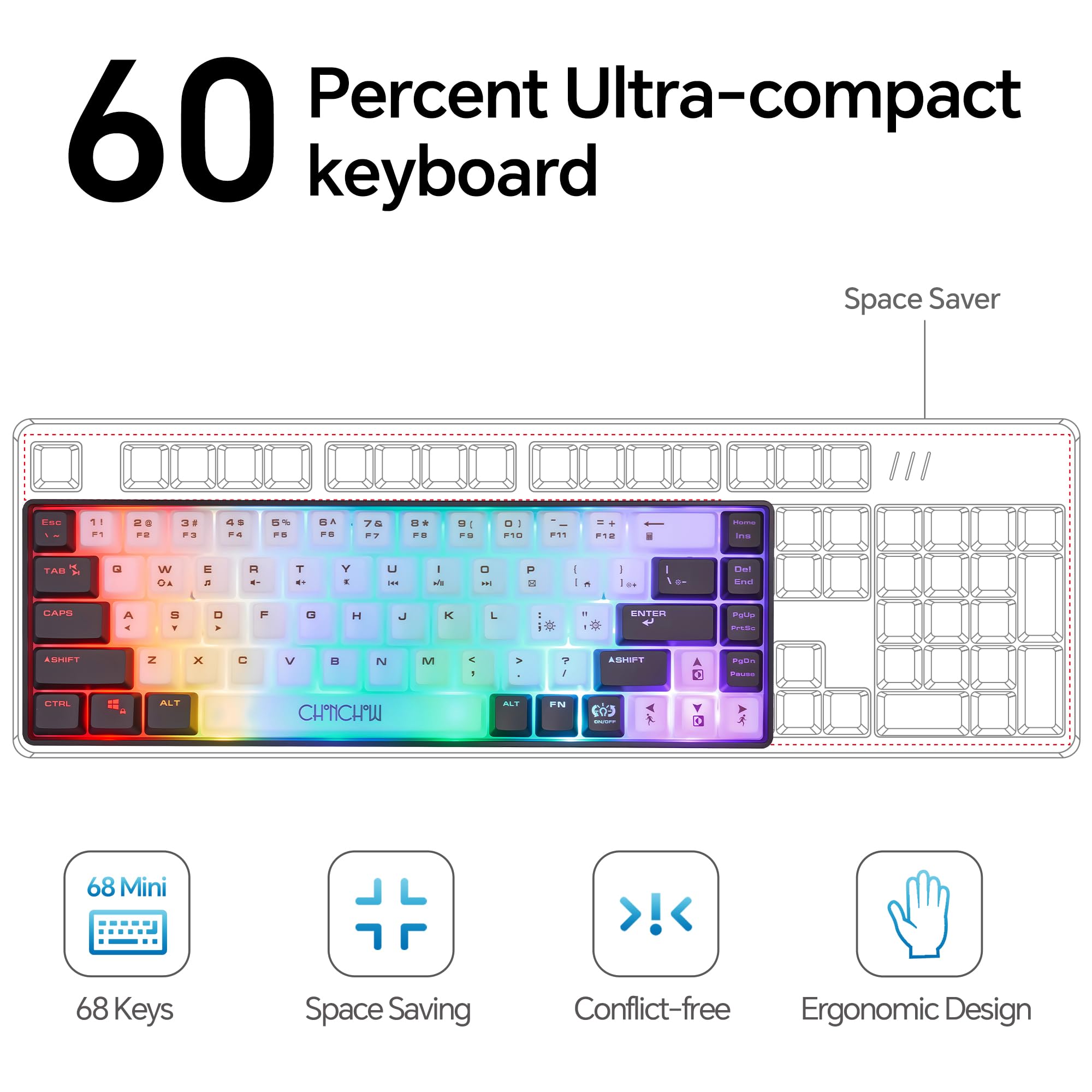 CHONCHOW Teclado mini RGB 60% para juegos, 68 teclas, pequeño, compacto, USB, con cable, arco iris, iluminado, retroiluminado, para Xbox, PS4, PS5, PC, portátil, gamer (blanco-negro)