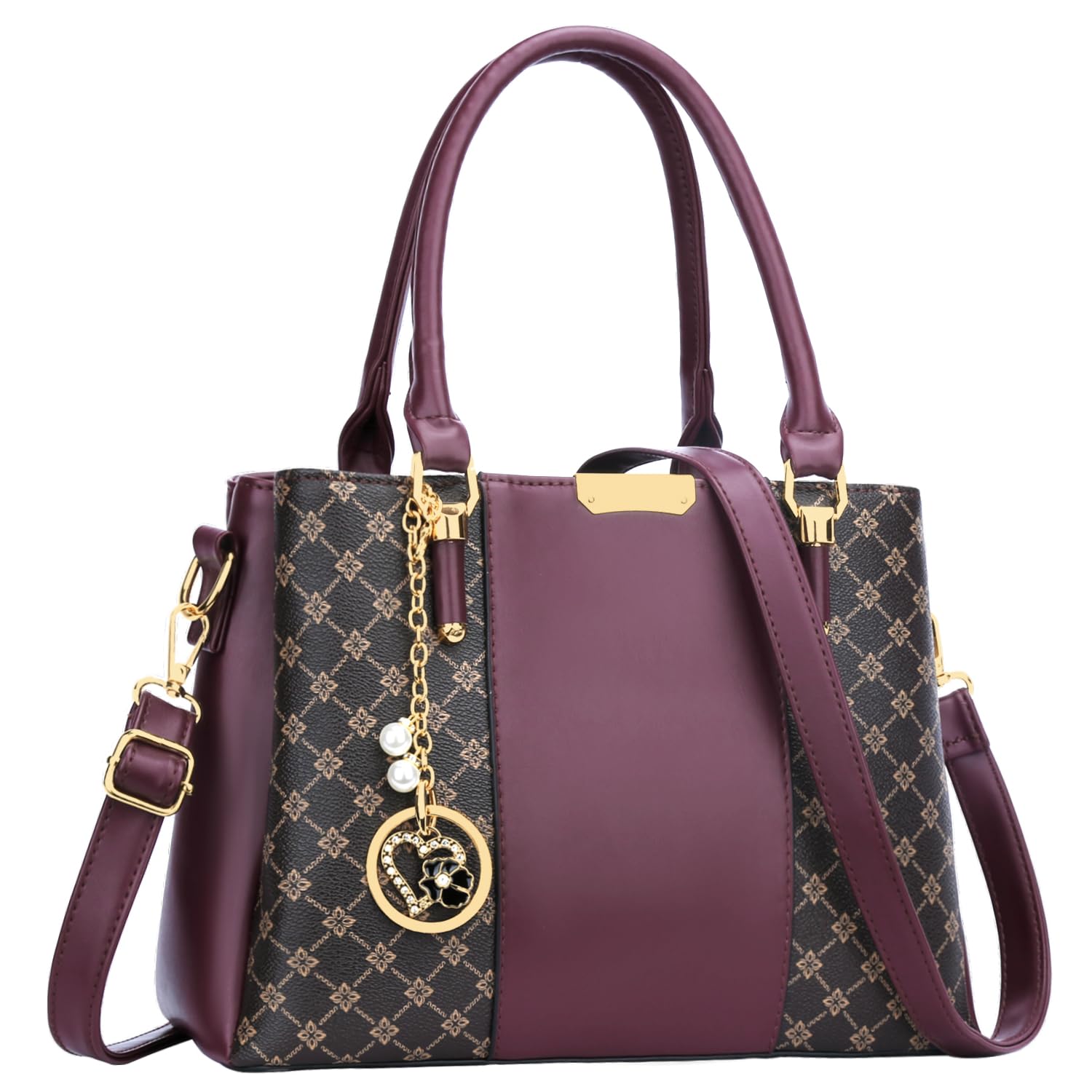 KKXIU 3 Zippered Compartments Purses and Handbags for Women Top Handle Satchel Shoulder Ladies Bags (C-wine flower pattern)