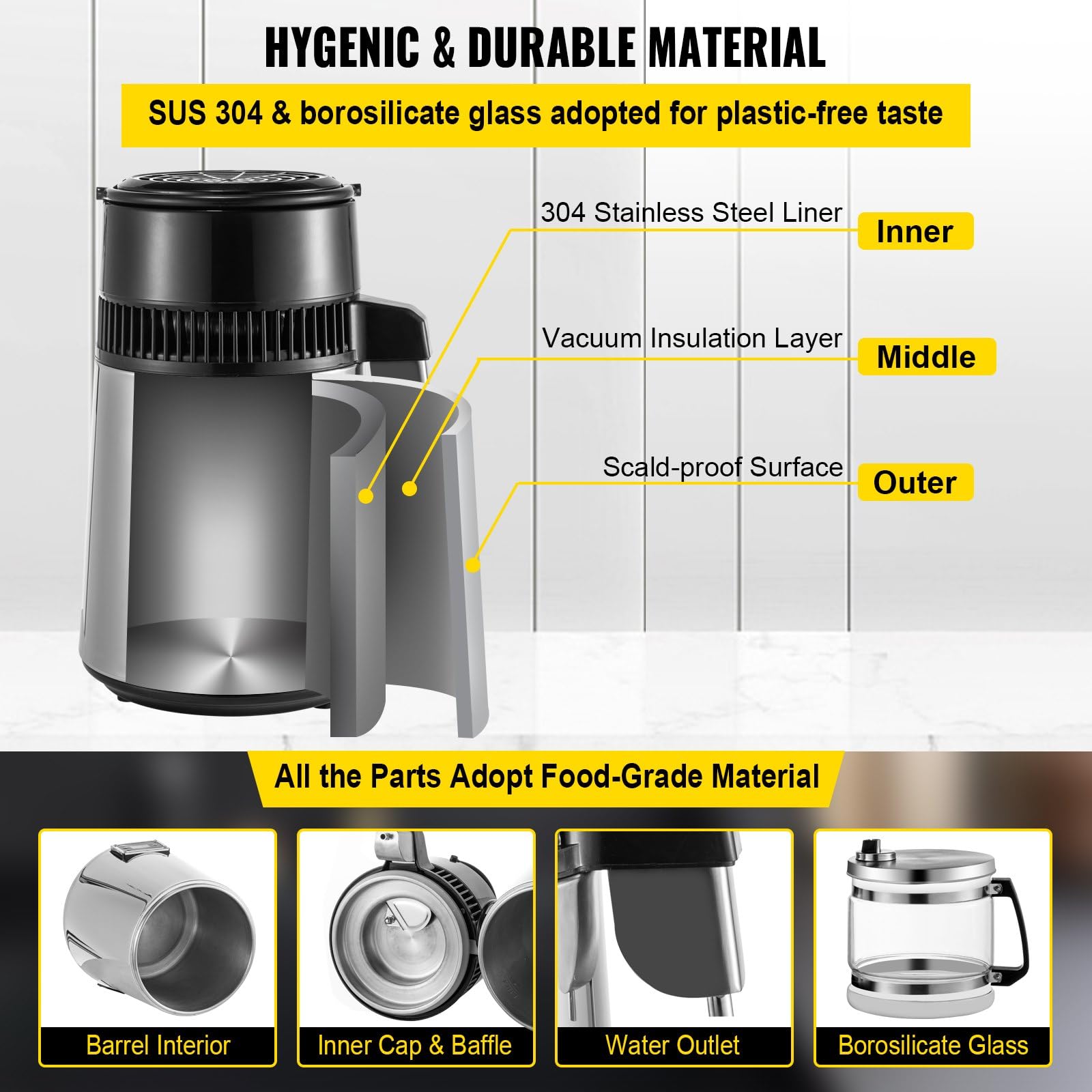 Máquina de Agua Destilada 4L 750W 1L/H, Destilador de Agua Potable para Laboratorios y Hospitales
