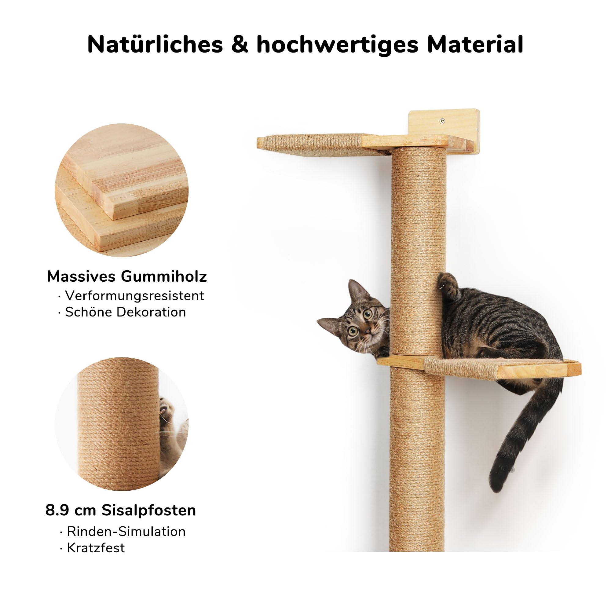 FUKUMARU Kratzbaum, 5 Etagen bis zur Decke reichender Katzenturm(206 cm), wandmontierter Katzenbaum,aus Natürliches Gummibaumholz, für Katzen zum Klettern, Kratzen, Ausschau halten und Spielen.