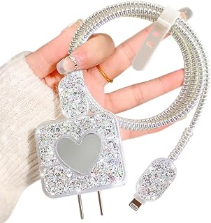 Glitter DIY Cable Protector Compatible for Apple iPhone Power Adapter with Mirror,Cute Bling Love Heart Design,Data Line USB Case Wire Cable Saver Phone Charger Protector for iPhone (Silver)
