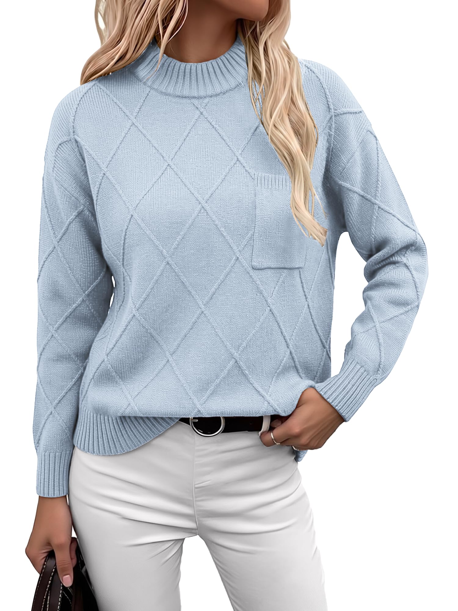 Theenkoln Pullover Damen Strickpullover Stehkragen mit Brusttasche | Elegant & Casual Feinstrick Pulli für Herbst Winter. Langarm Oberteile mit Vintage Rautenmuster, Stehkragen und Brusttasche.