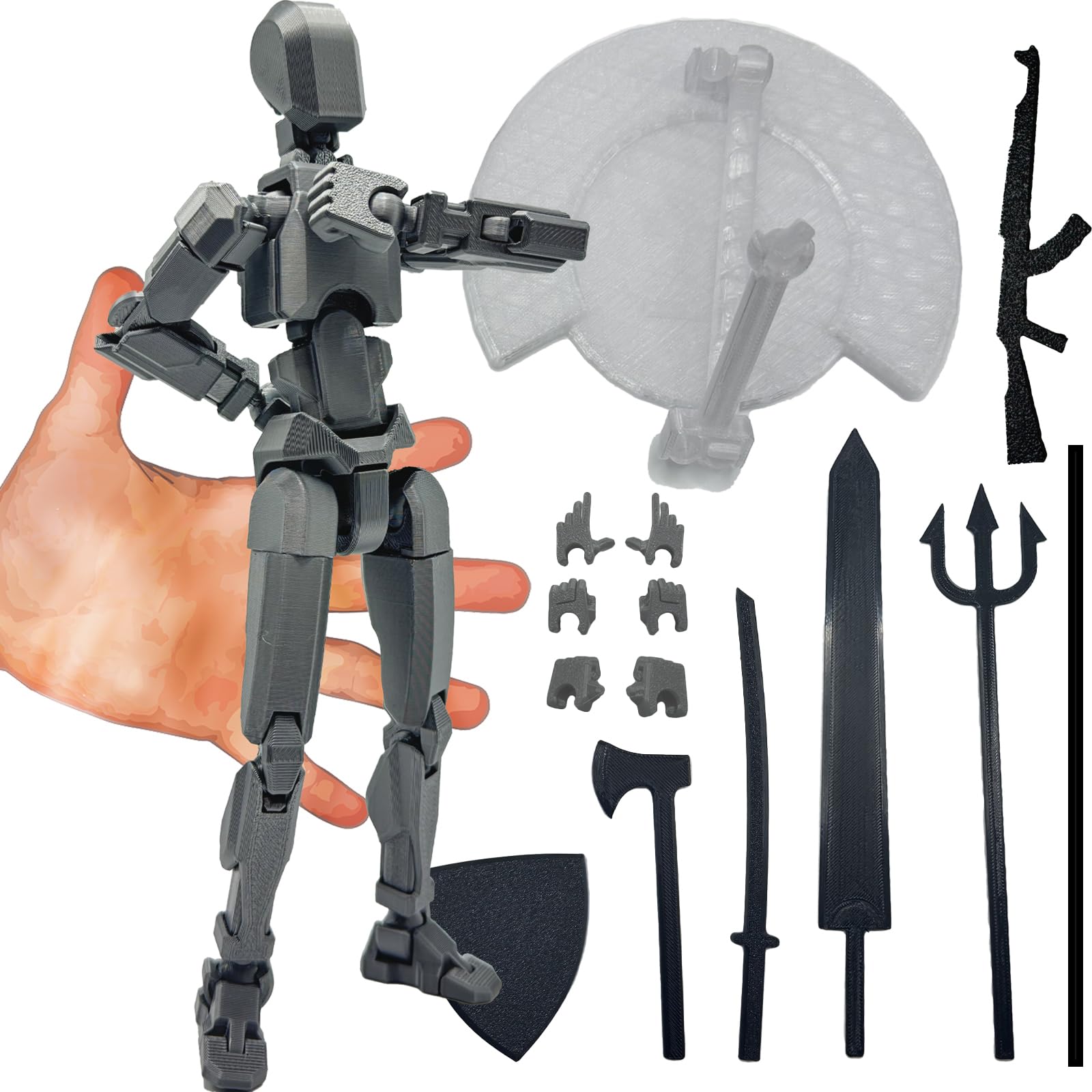 3D Printed Enlarge Body Size 8.1-inch Action Figure Dummy20, Full Body Mechanical Movable Toy, Multiple Accessories, Desk Decoration (Bracket, 3 HandsType, Weapons, Armour) (Silver)