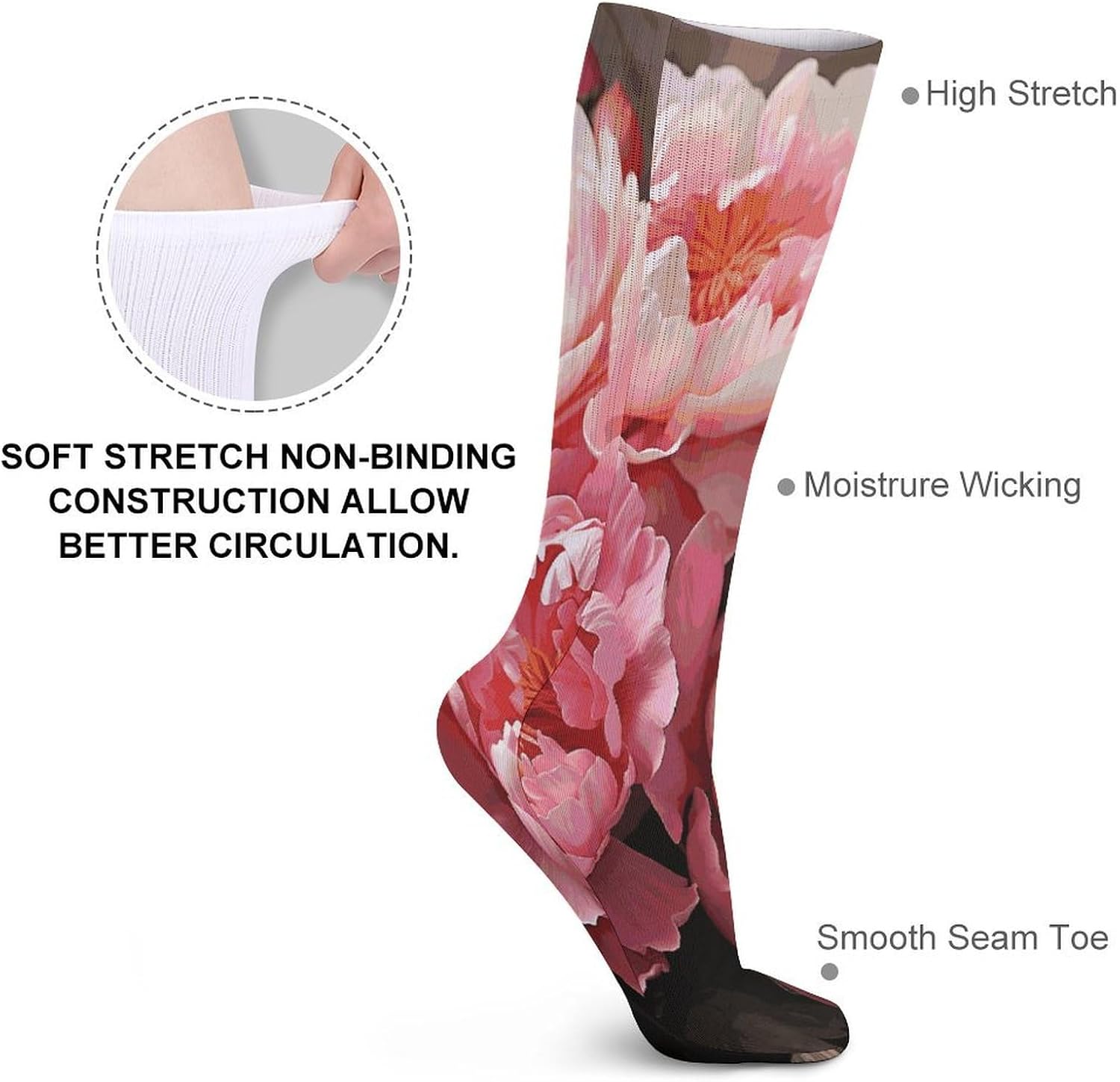 Peony Flowers Blossom Knee High Socks Cozy Knee High Socks Soft Mid-Length Sock for All Seasons Daily Wear Adult
