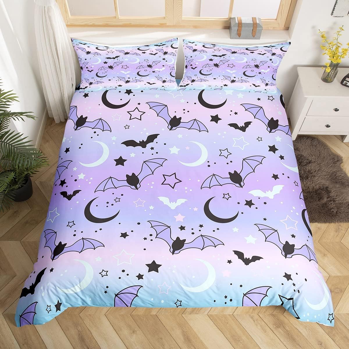 richhome Halloween Comforter Cover Set Rainbow Bedding Set For Boys Girls Children Bat Moon Star Print Duvet Cover Set Halloween Theme Purple Gradient Style Room Decor King Size 3Pcs
