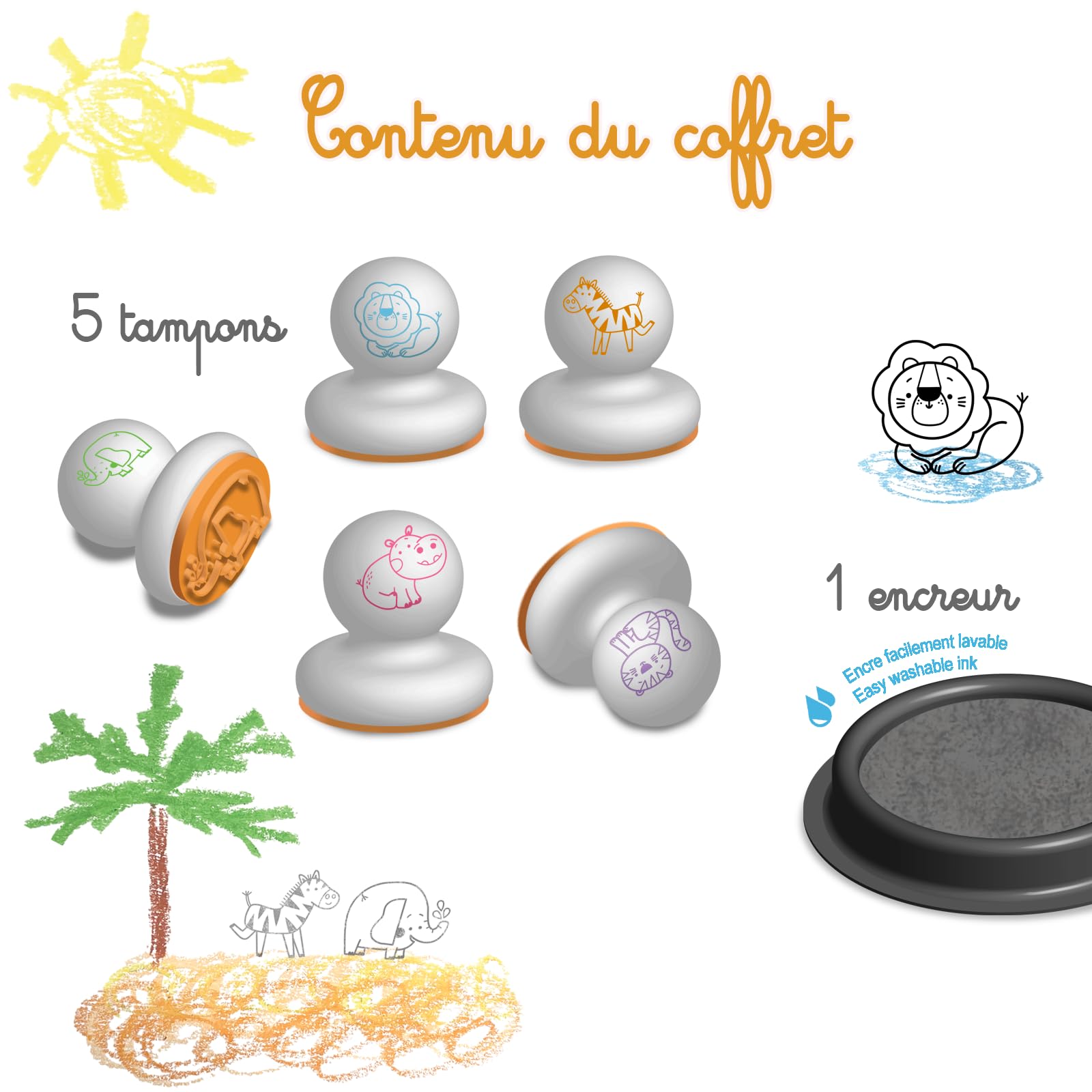 Créa Lign' | Mes 1ers tampons Animaux Savane | 12 Mois+ | Encre Lavable