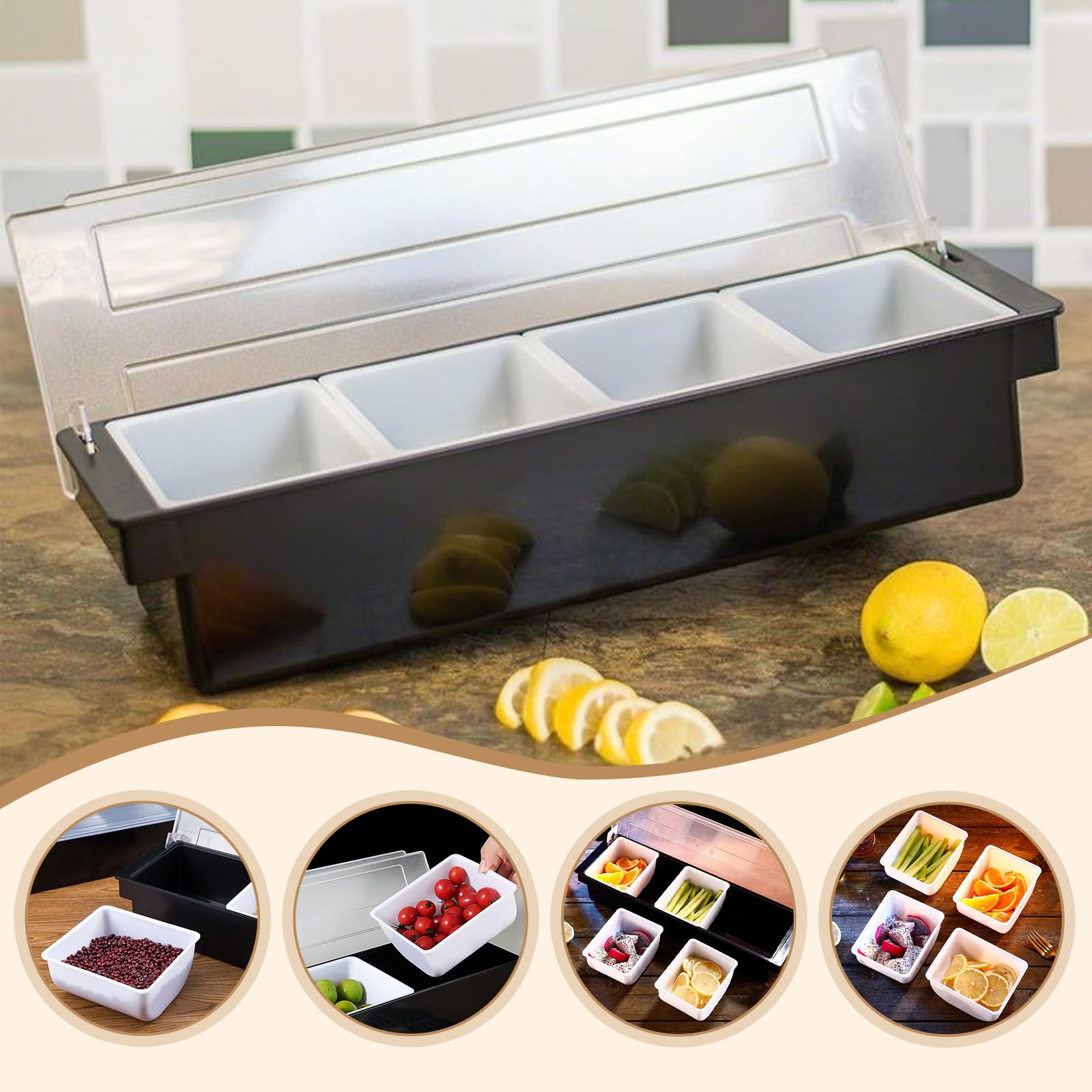 Buachois Server per Condimenti, Contenitore per Dispenser per Condimenti in Plastica Trasparente, Coperchio Staccabile Design Bar Contenitore per Frutta con Coperchio(4 Compartments)