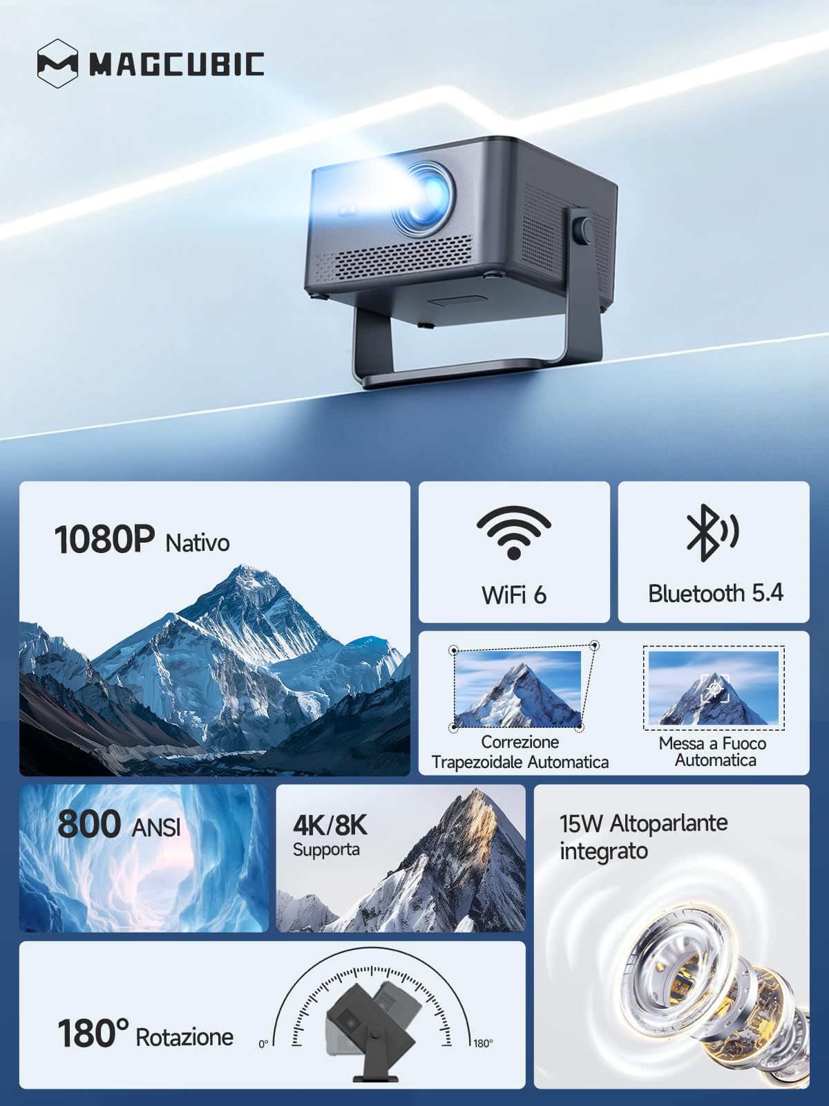 【Android 14 & 800 ANSI】Smart Proiettore Portatile 4K Supporto, 1080P Nativo | Messa A Fuoco Automatica, Correzione Trapezoidale, WiFi 6 BT 5.4, Altoparlante da 15W, Rotazione 180° Proiettore da Esterno