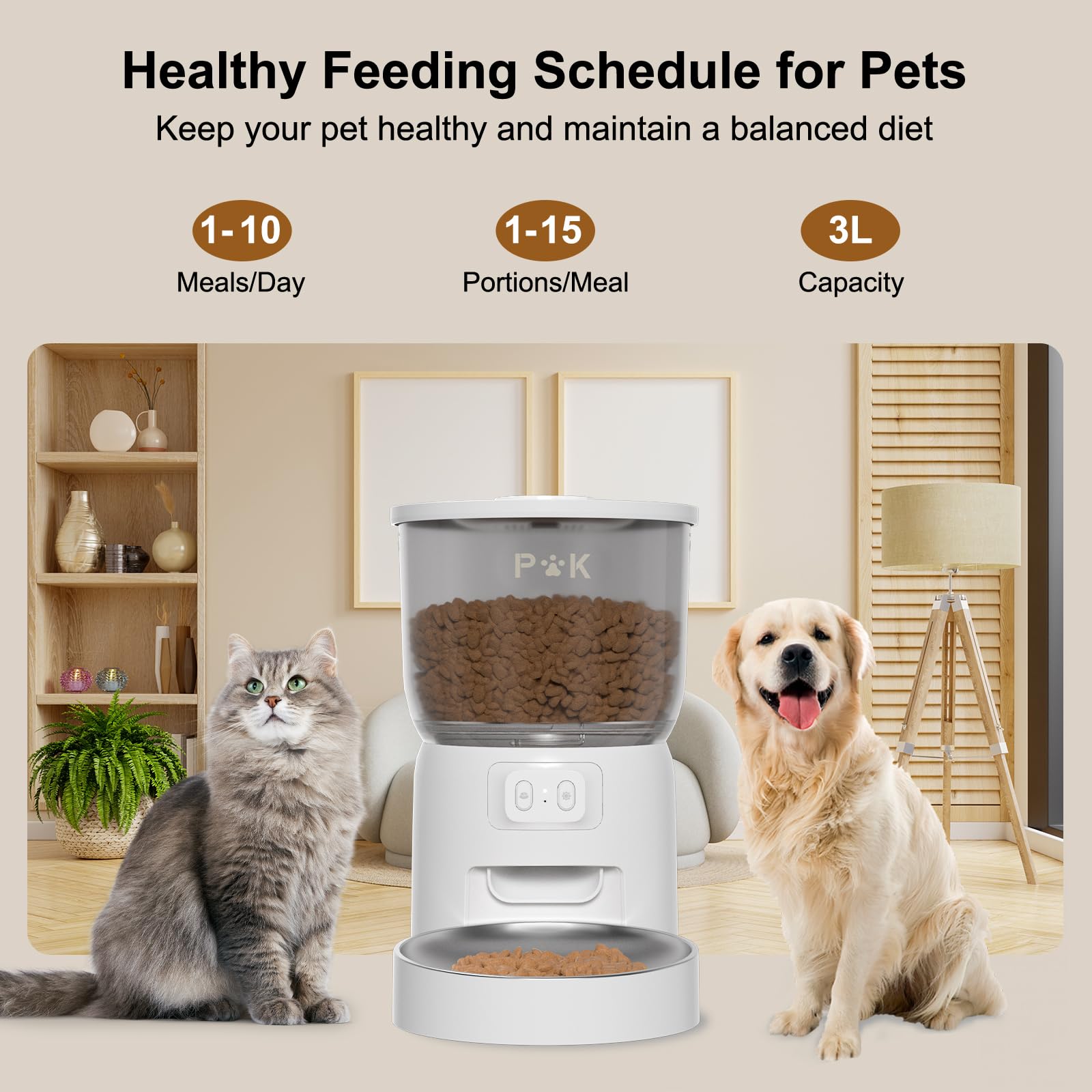 PUPPY KITTY Distributore Automatico Cibo Gatti, 2.4G WiFi 3L Dispenser Cibo Gatti con Ciotola in Acciaio Inox, 1-6 Pasti al Giorno