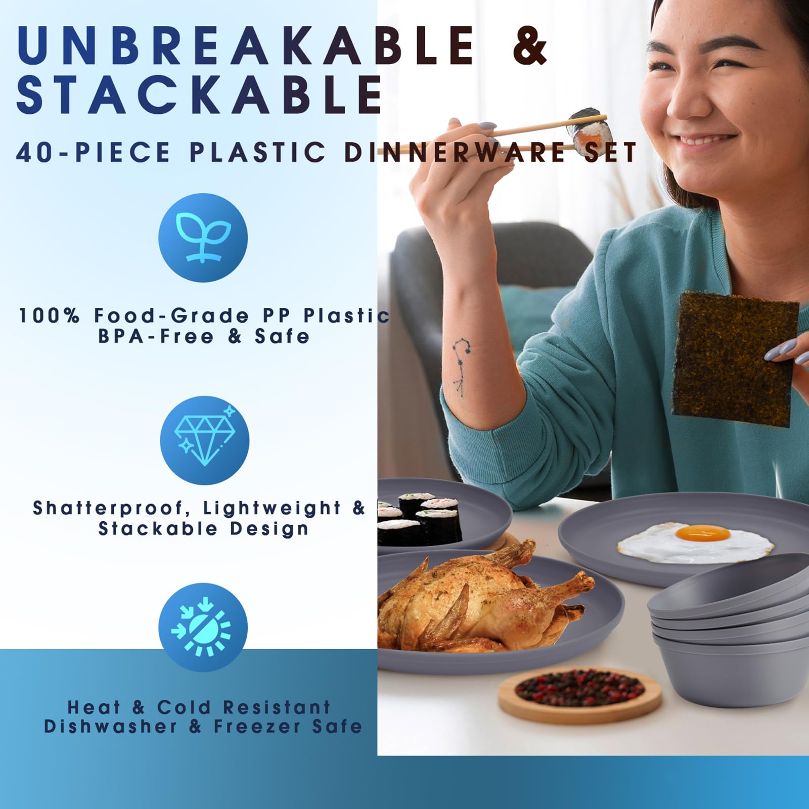 Plastic Dinnerware Sets – 40-Piece Gray Plates and Bowls Sets, Unbreakable, Reusable Dishes Set for 8 with Cups, Knives, Forks and Spoons, for Camping and Outdoor Use