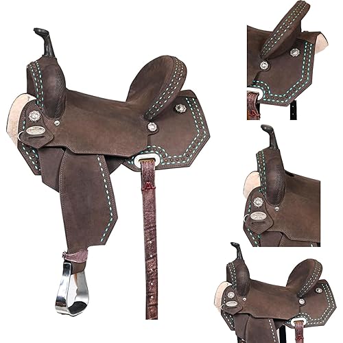 Western Youth Kids Child Barrel Horse Roughout Leather Saddle Suede Seat 10" 12" 13" 14" Turquoise Buckstitch Design