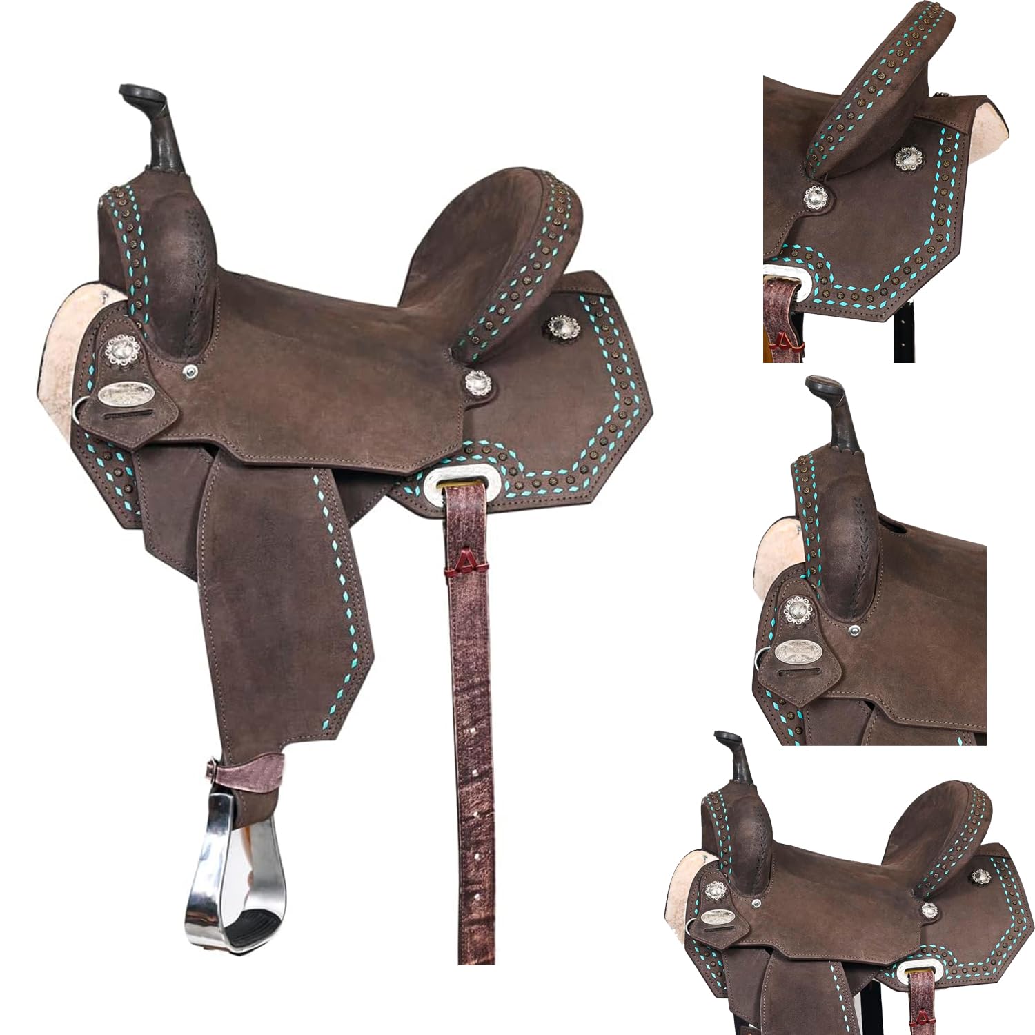 Ancienne selle cheval western cuir marron JEUNESSE avec anneaux sangle corne lai