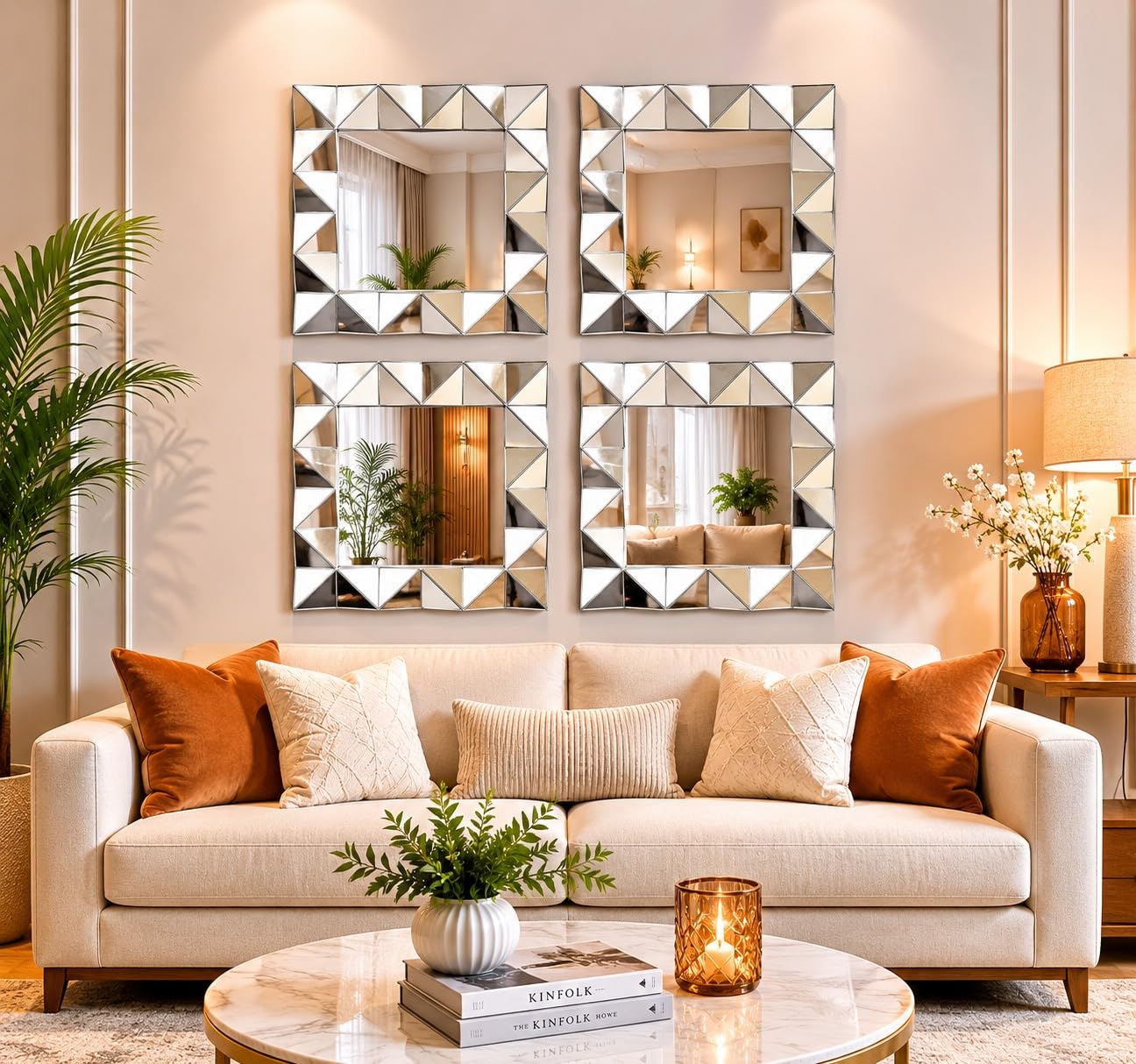 Biznest Silver Set Of Square Framed 3D Home Art Deco Style Wall Hanging Mirror Geometric Pattern Gift Idea 40Cm Dia. (4)