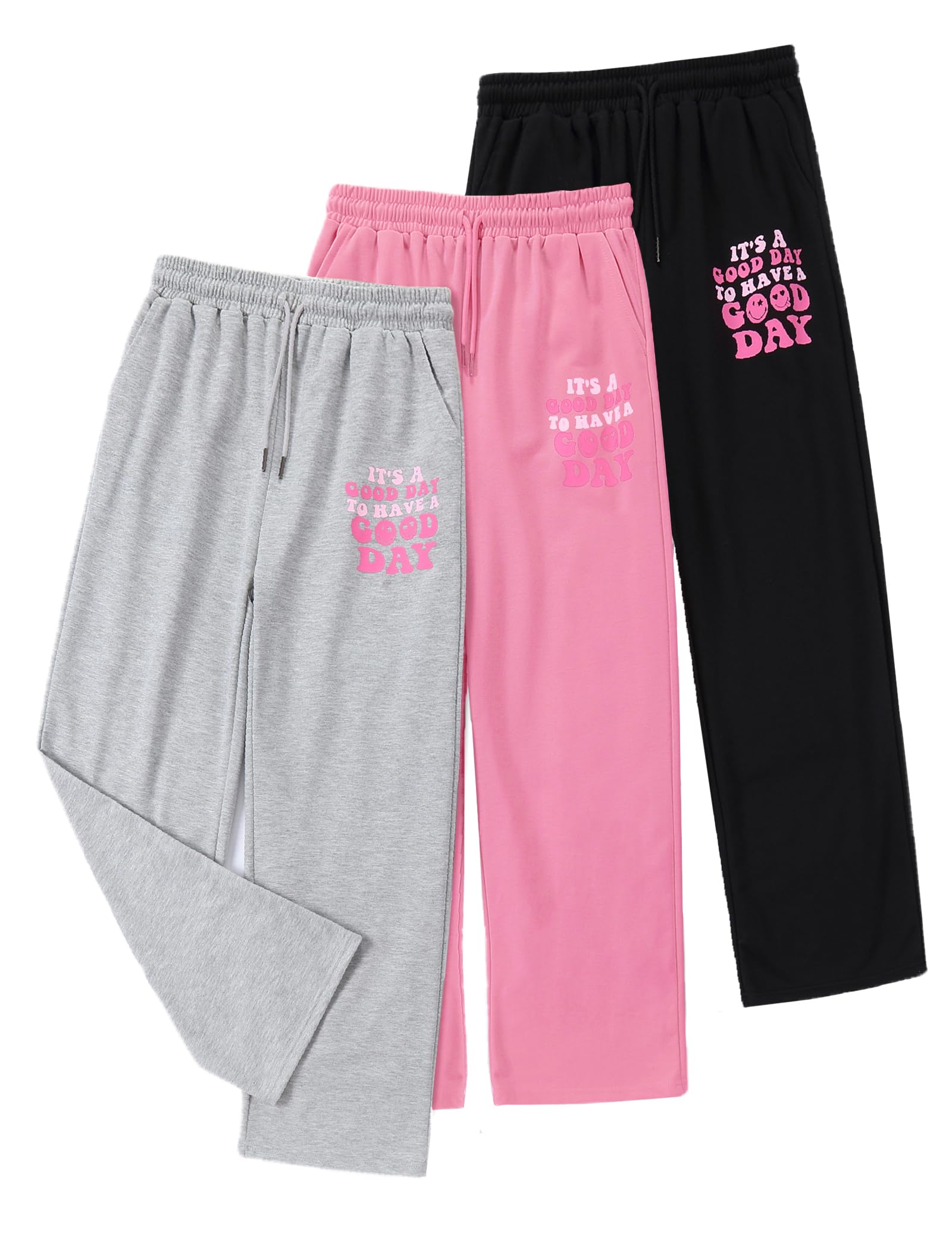 EXARUS 3 Pack Girls Sweatpants Joggers Teen Sweat Pants Wide Leg
