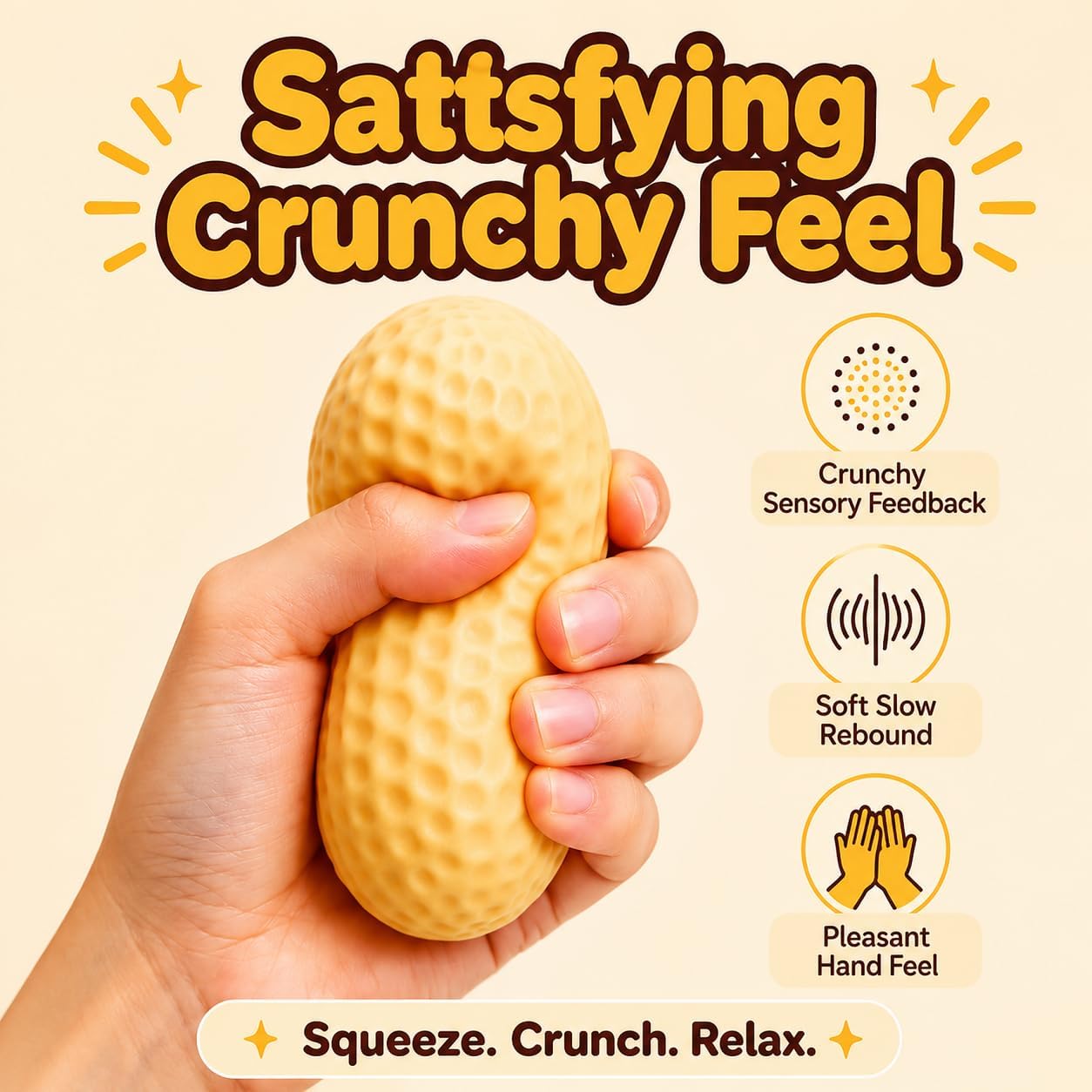Crunchy Peanut Squishies ASMR Toy, Bead Filled Realistic Bar Stress Ball