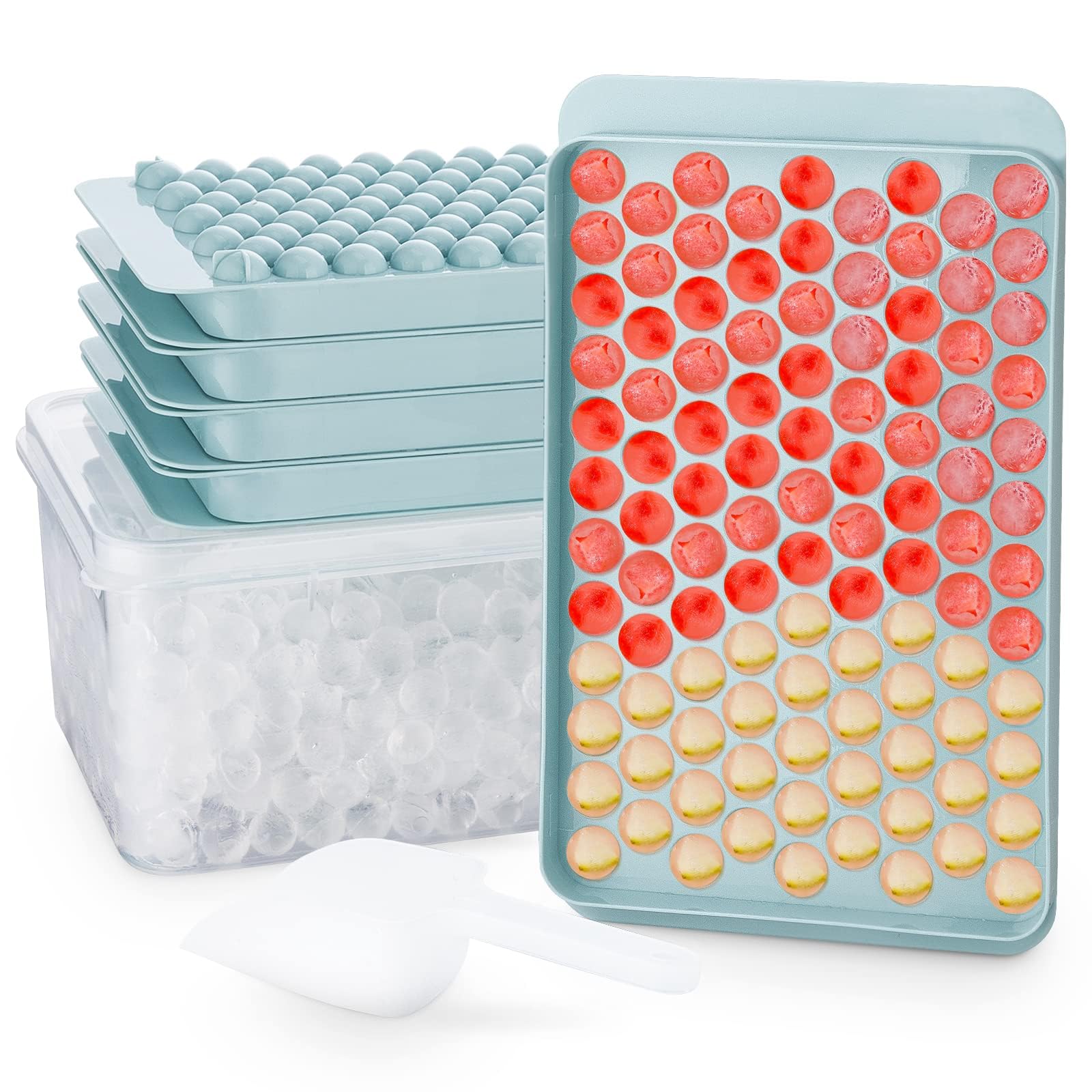 TERRIFI Mini Ice Cube Trays, Round Ice Cube Mold, 4 PCS 0.6in Small Ice Maker for Freezer, Circle Ice Trays for Freezer with Lid & Bin, Easy Release, for Chilling Drinks, Coffee, Juice, Cocktail