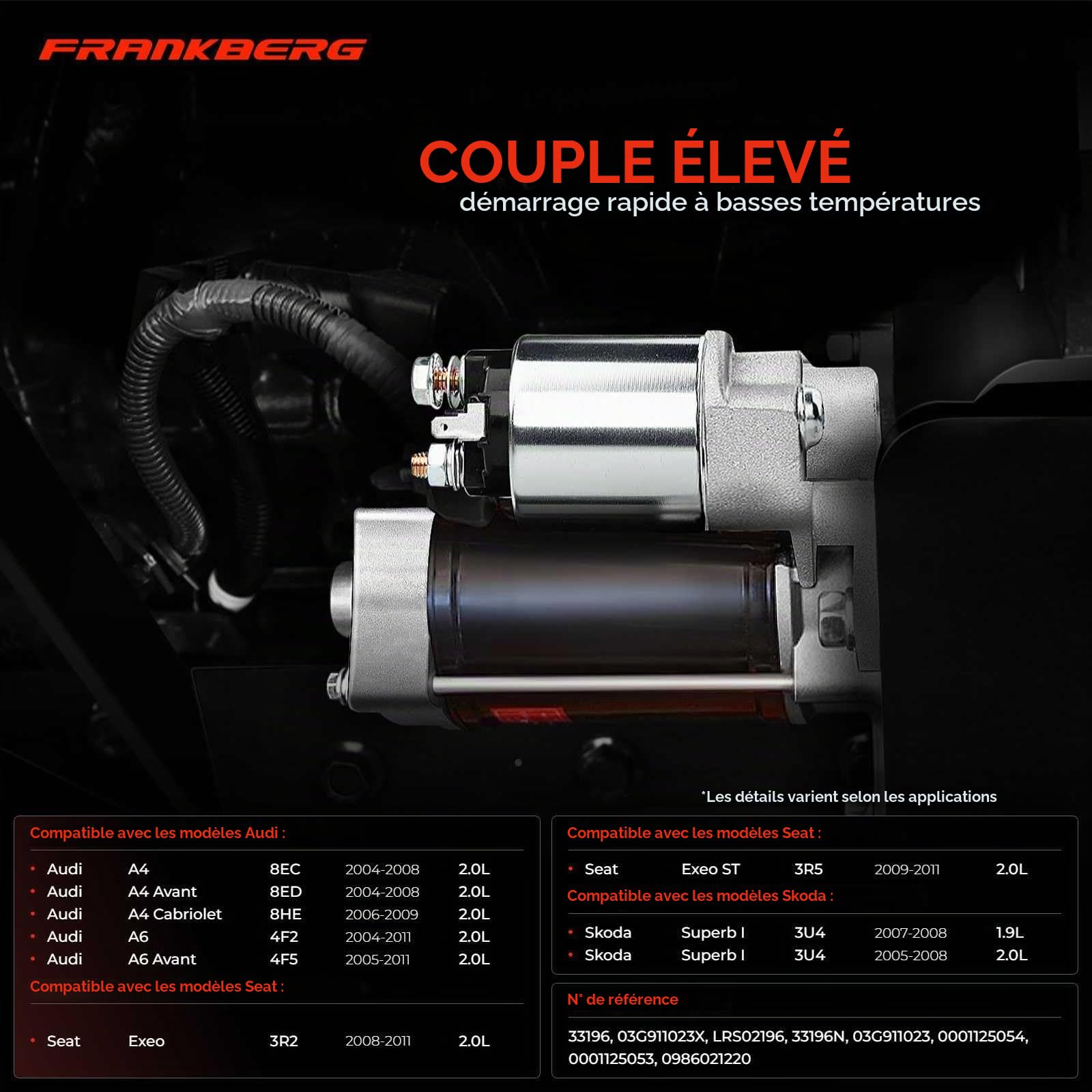 Frankberg Démarreur Compatible avec A4 8EC B7 2.0L 2004-2008 A6 4F2 C6 2.0L 2004-2011 Remplacer# 0986021220