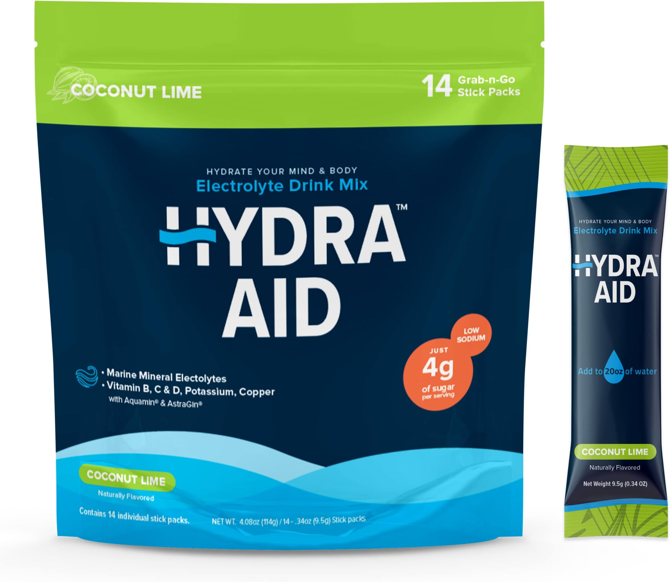 HYDRA AIDHydration Drink Powder Mix with Electrolytes | Vitamin B, C, & D, Potassium, Copper | Naturally Flavored | 14 Grab-n-Go Sticks โ Coconut Lime 1 Pack