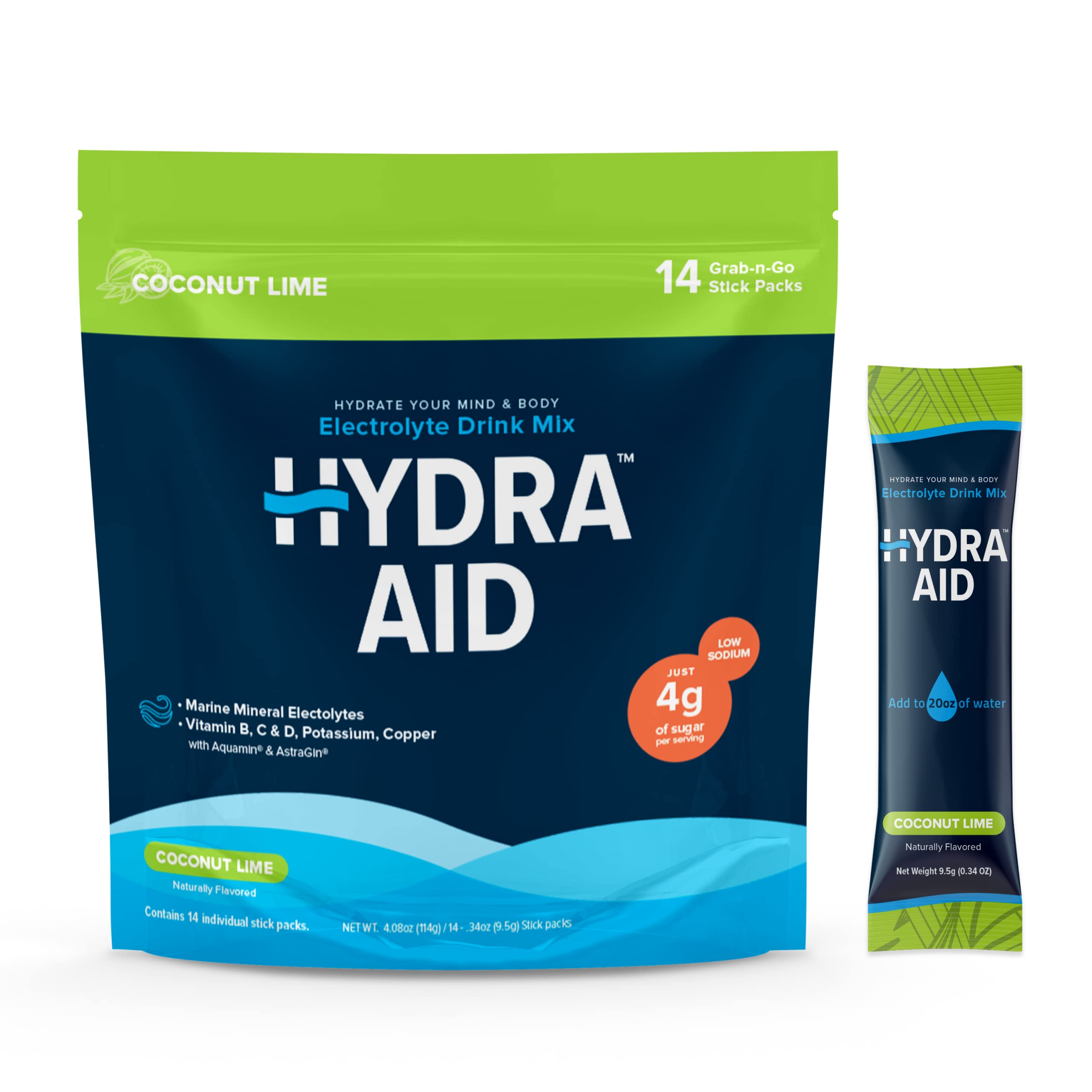 HYDRA AIDHydration Drink Powder Mix with Electrolytes | Vitamin B, C, & D, Potassium, Copper | Naturally Flavored | 14 Grab-n-Go Sticks – Coconut Lime 1 Pack